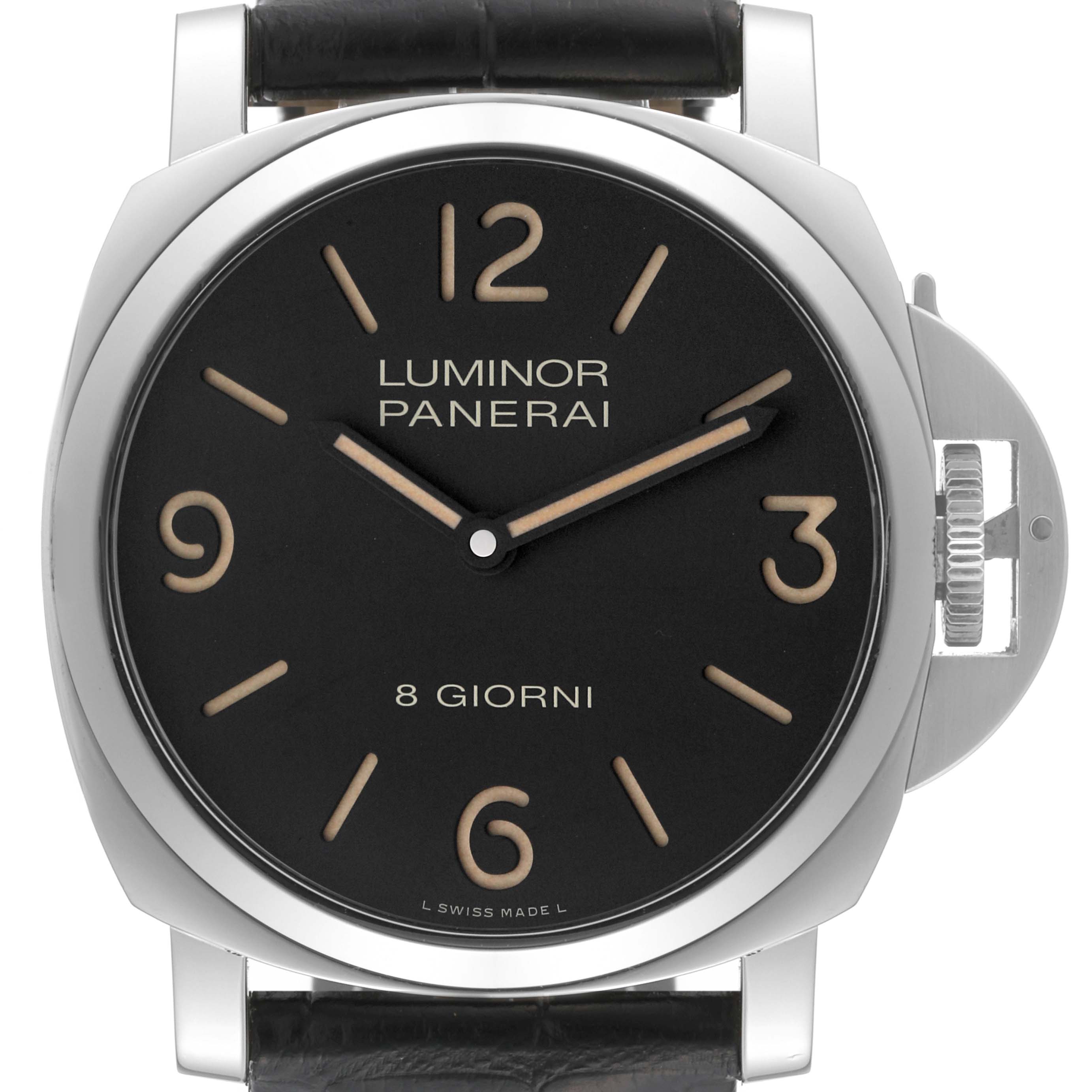 This image shows a front view of the Panerai Luminor PAM00914 Men's Stainless Steel Black Dial PAM00914 Men's Stainless Steel Black Dial watch, displaying the dial, hands, and crown guard.