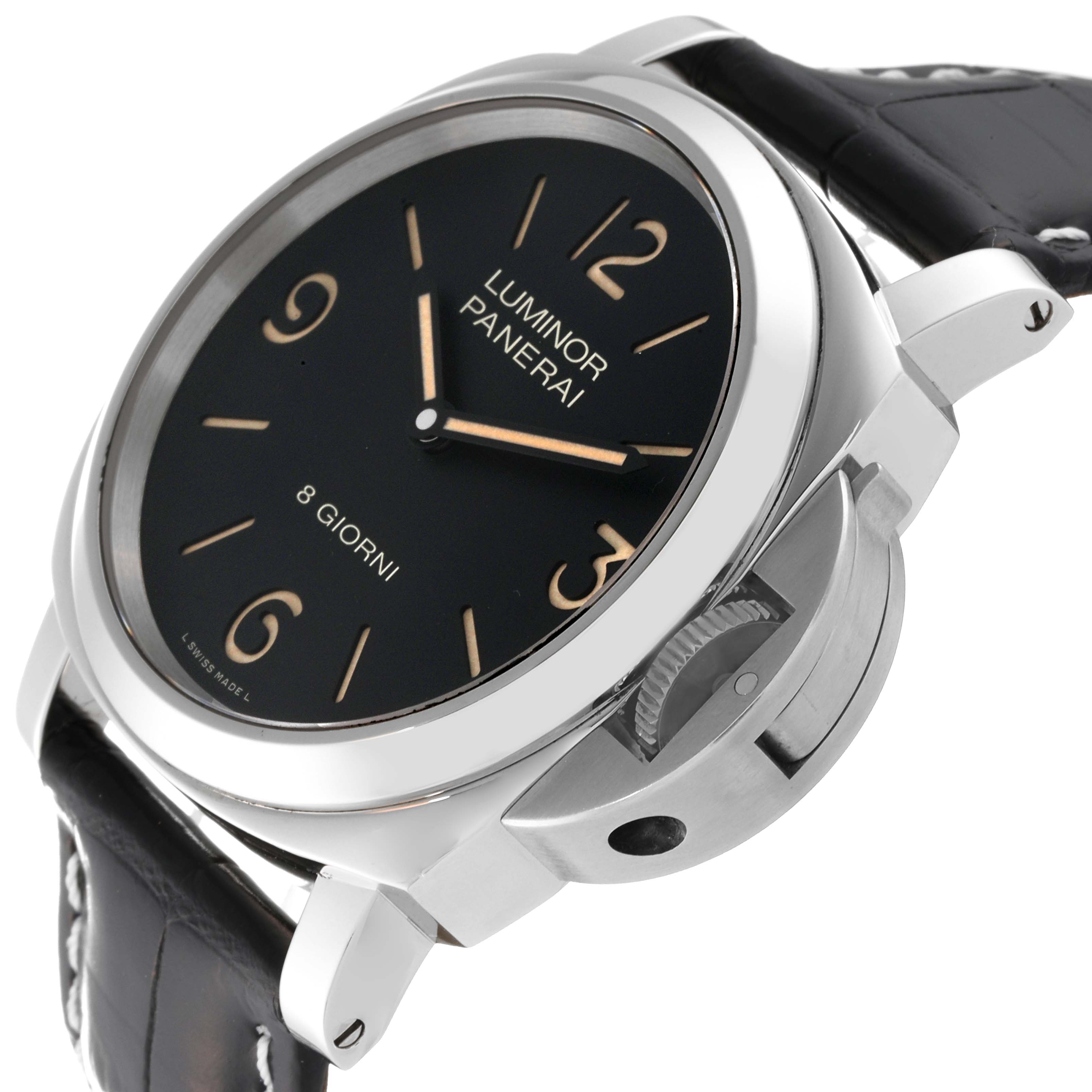 The image shows a close-up angled view of the Panerai Luminor PAM00914 Men's Stainless Steel Black Dial PAM00914 Men's Stainless Steel Black Dial watch, highlighting the face, crown guard, and part of the leather strap.