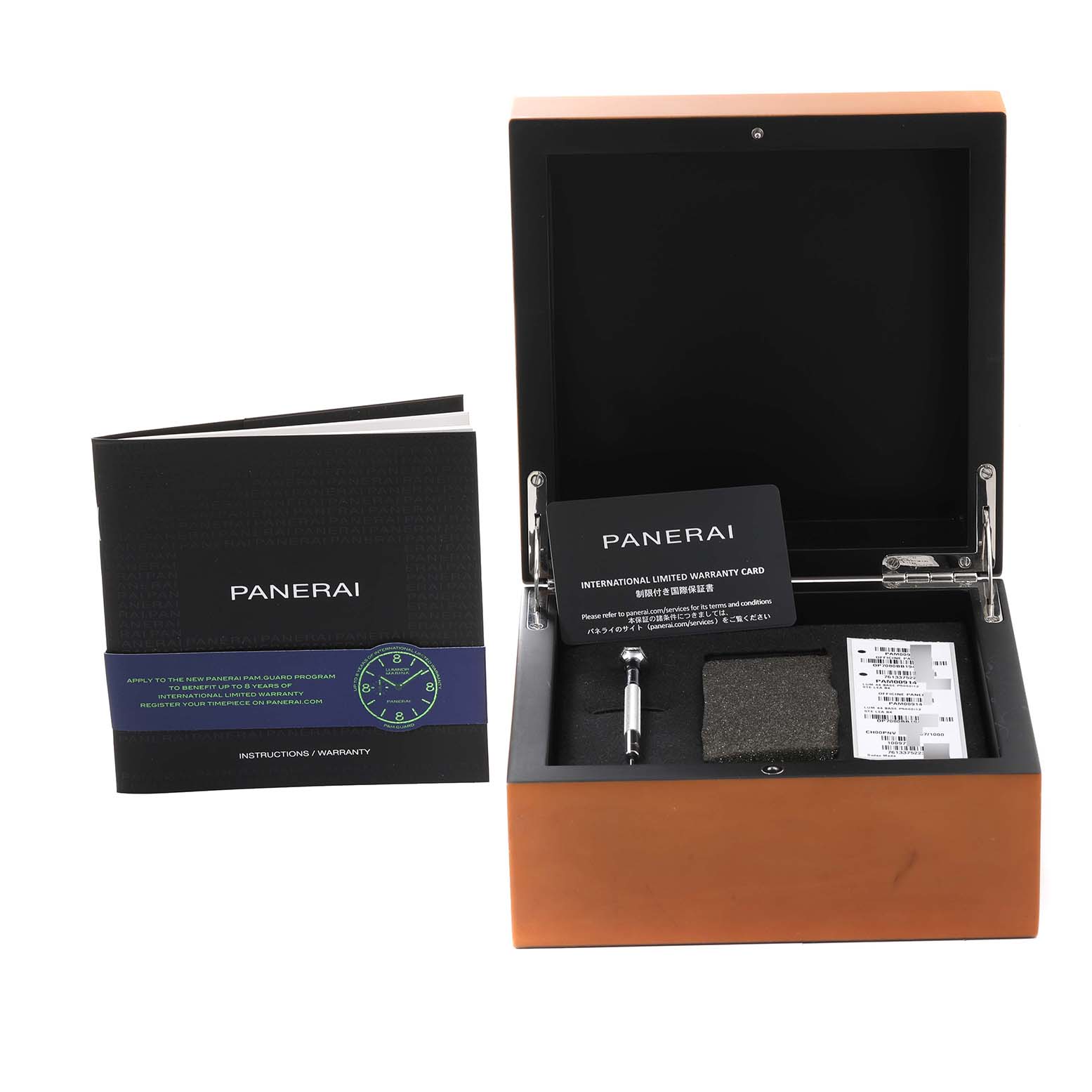 The image shows the open box for the Panerai Luminor PAM00914 Men's Stainless Steel Black Dial PAM00914 Men's Stainless Steel Black Dial watch, including a warranty card, tool, and manual.