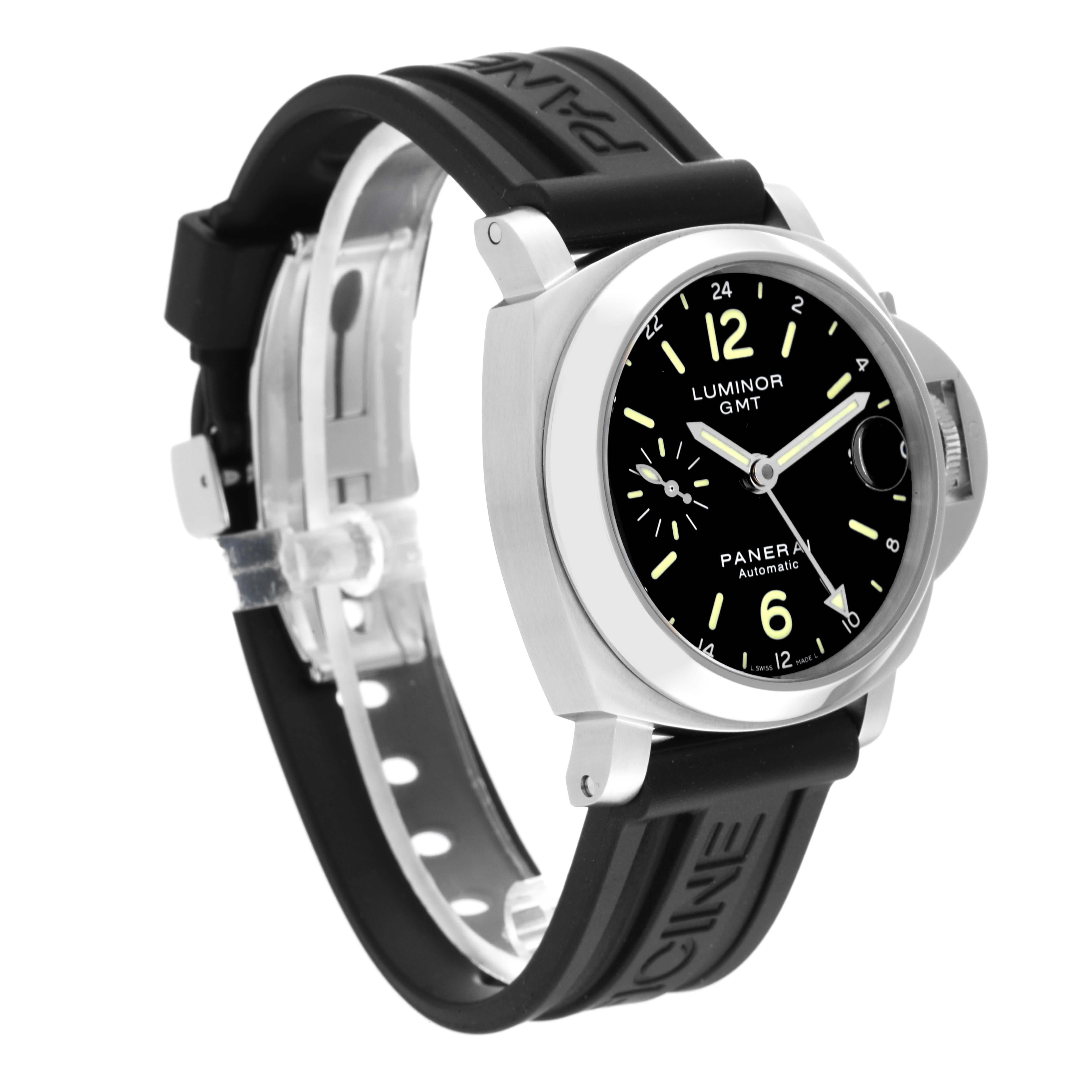 This image shows a Panerai Luminor PAM00244 Men
s Stainless Steel Black Dial PAM00244 Men
s Stainless Steel Black Dial GMT watch from a front-right angle, displaying its black dial and rubber strap.