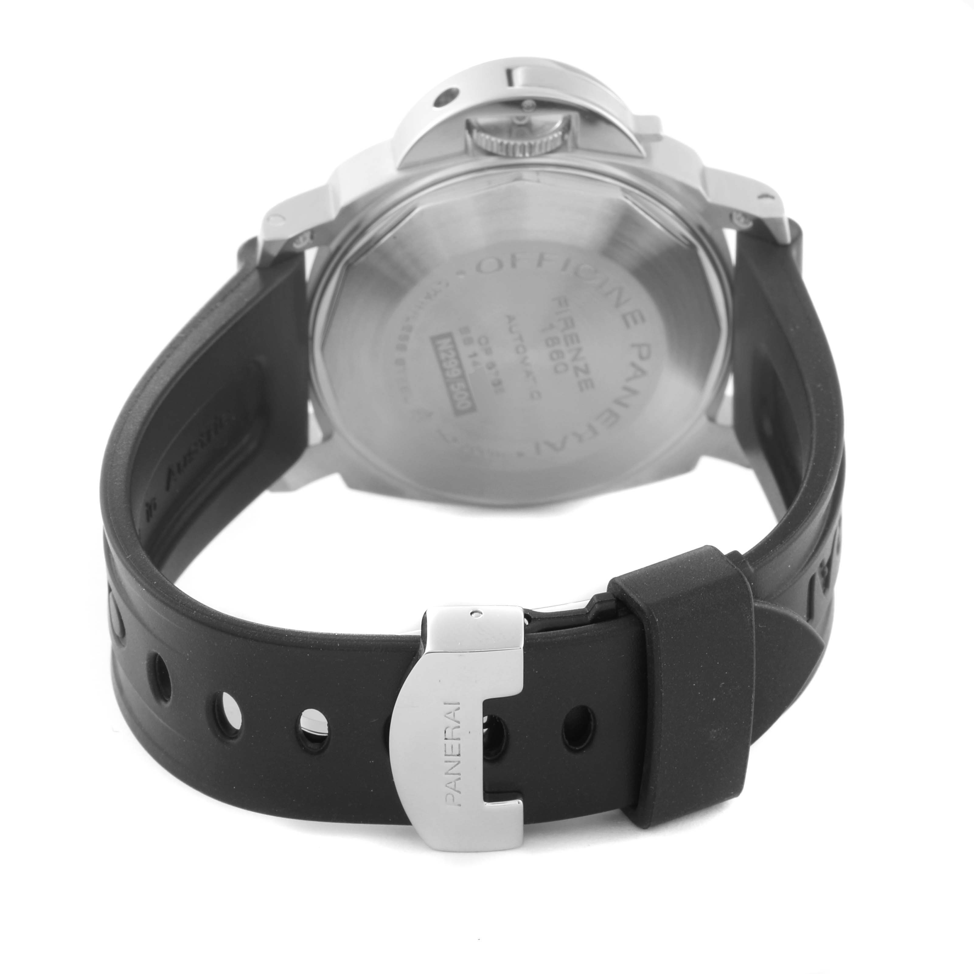 The image shows the back view of a Panerai Luminor PAM00244 Men
s Stainless Steel Black Dial PAM00244 Men
s Stainless Steel Black Dial watch, highlighting the case back and rubber strap with the Panerai buckle.