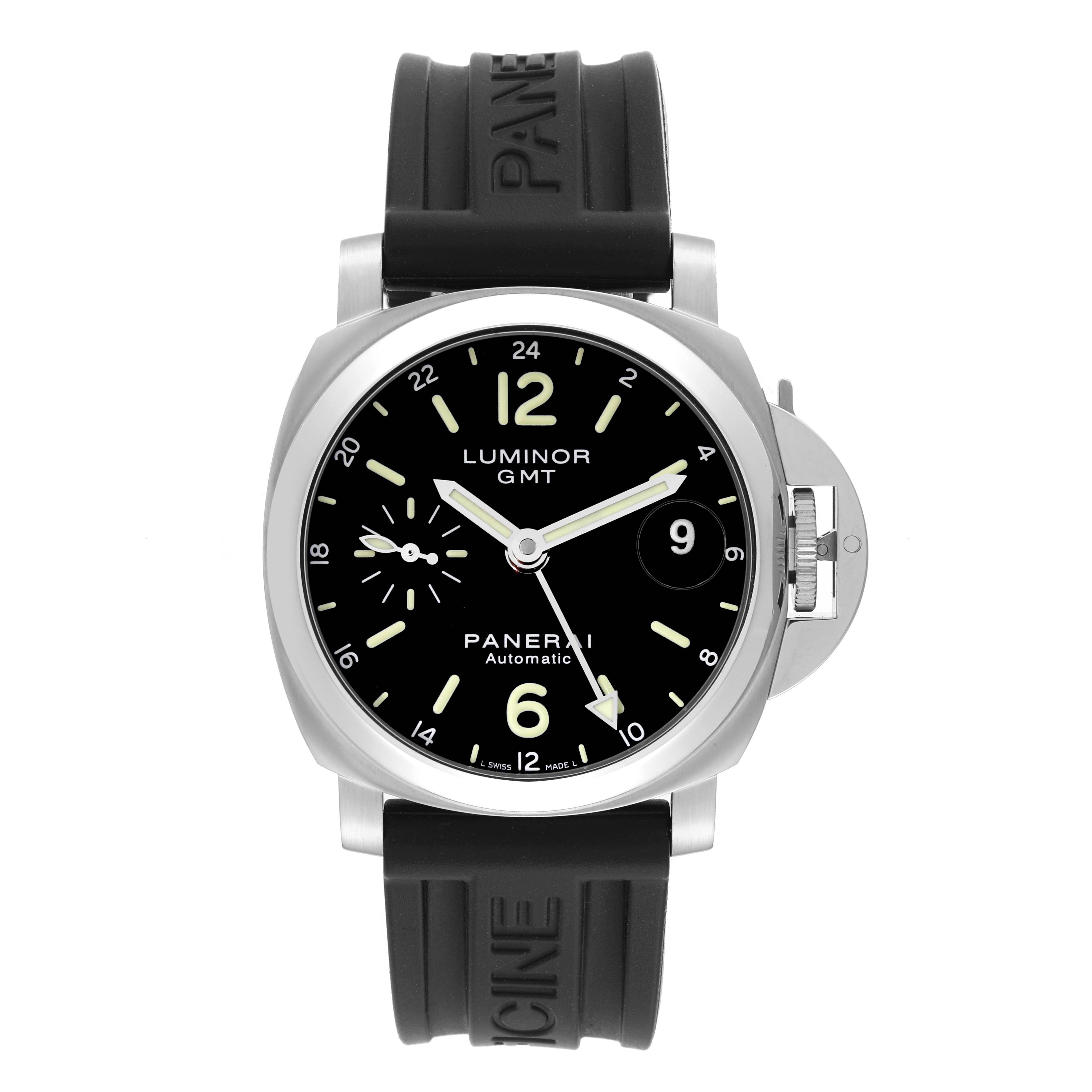 The image shows a front view of a Panerai Luminor PAM00244 Men
s Stainless Steel Black Dial PAM00244 Men
s Stainless Steel Black Dial GMT watch, displaying its dial, case, and black rubber strap.