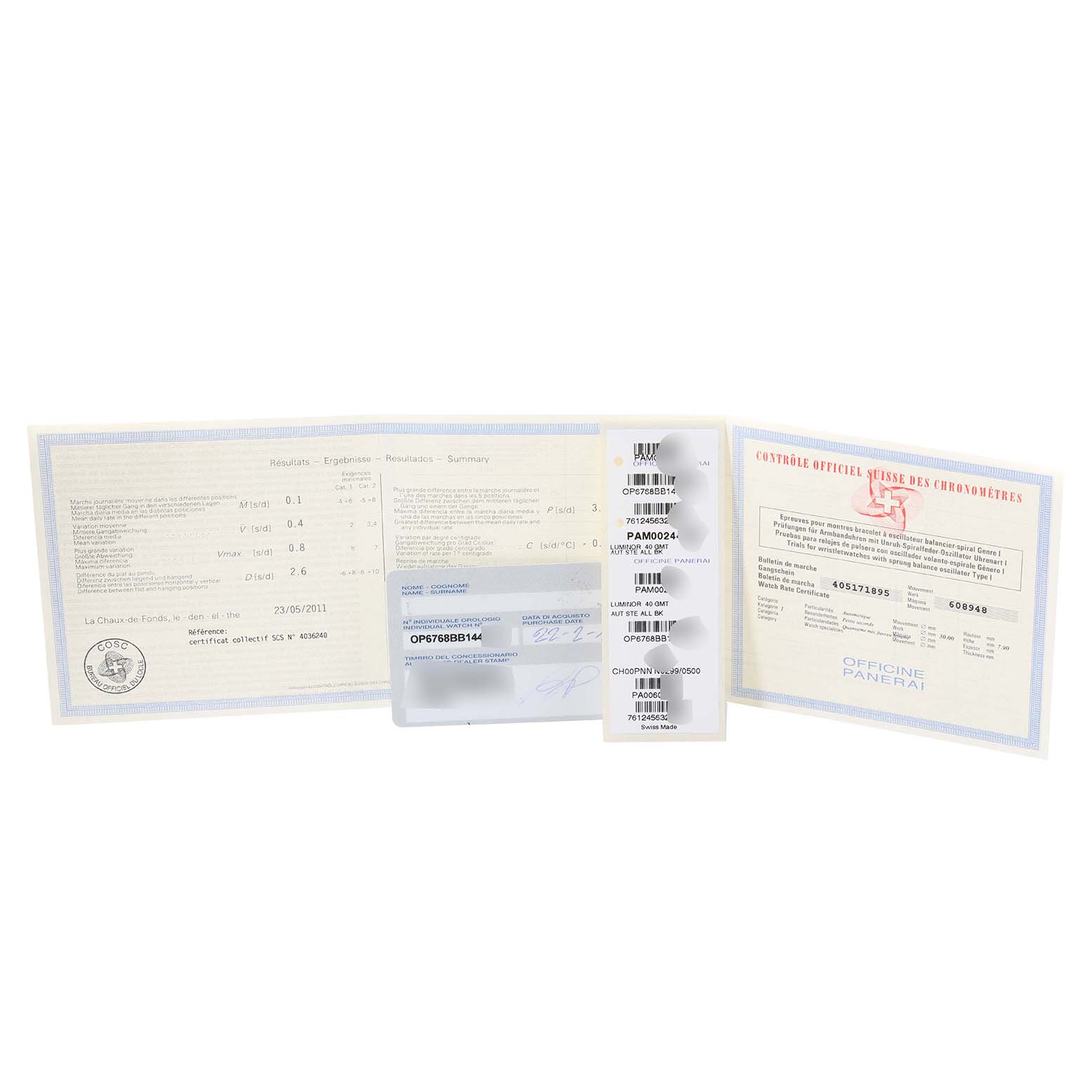 This image shows the documentation and certificates for the Panerai Luminor PAM00244 Men
s Stainless Steel Black Dial PAM00244 Men
s Stainless Steel Black Dial model.