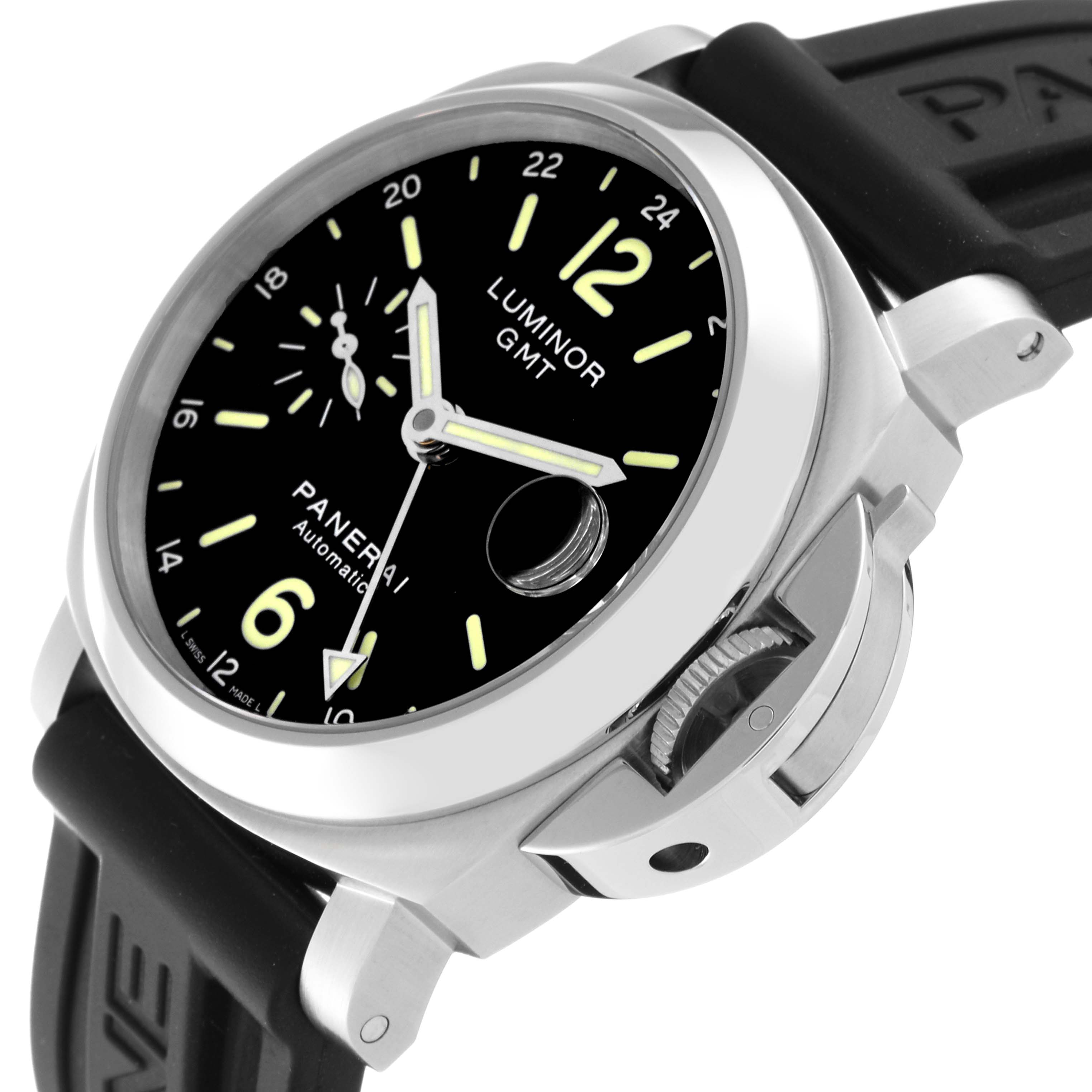 This image shows a Panerai Luminor PAM00244 Men
s Stainless Steel Black Dial PAM00244 Men
s Stainless Steel Black Dial GMT watch from a slight side angle, highlighting the dial, bezel, and crown guard.