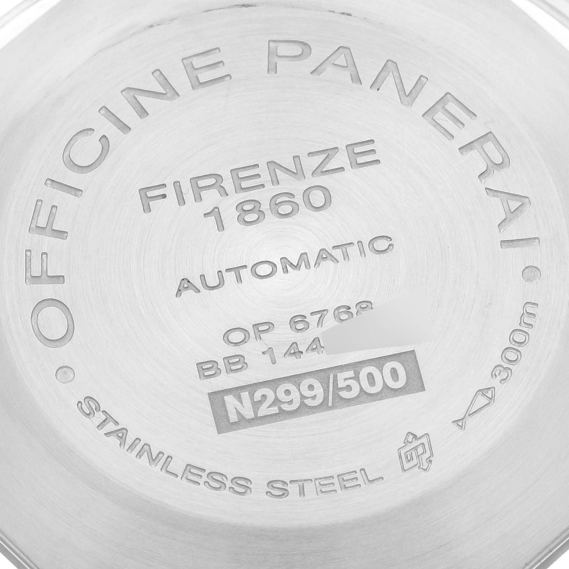 This is the case back of a Luminor model by Panerai, showing engravings and serial numbers.