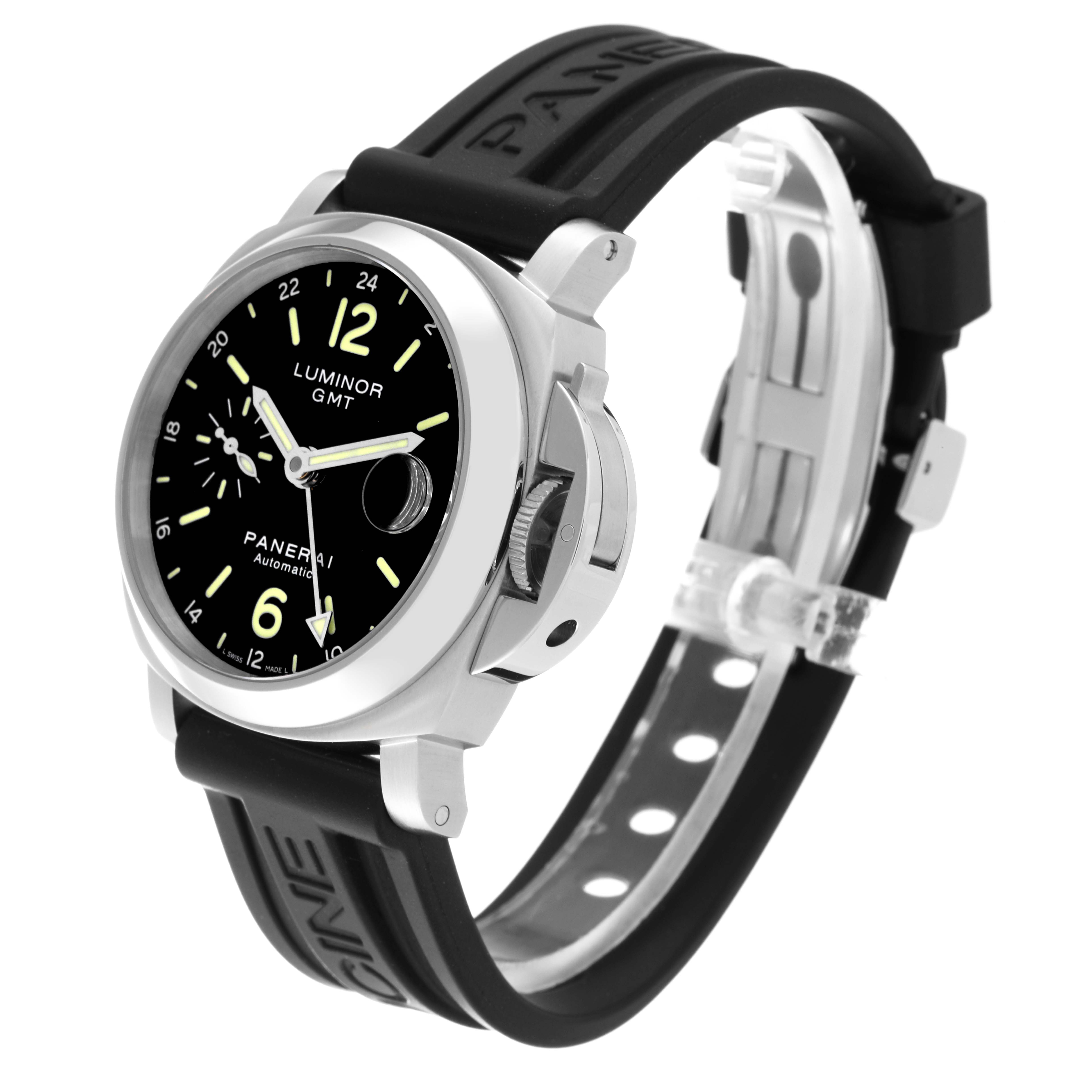 This image shows a Panerai Luminor PAM00244 Men
s Stainless Steel Black Dial PAM00244 Men
s Stainless Steel Black Dial watch at a three-quarter angle, highlighting its face, crown guard, and black rubber strap.