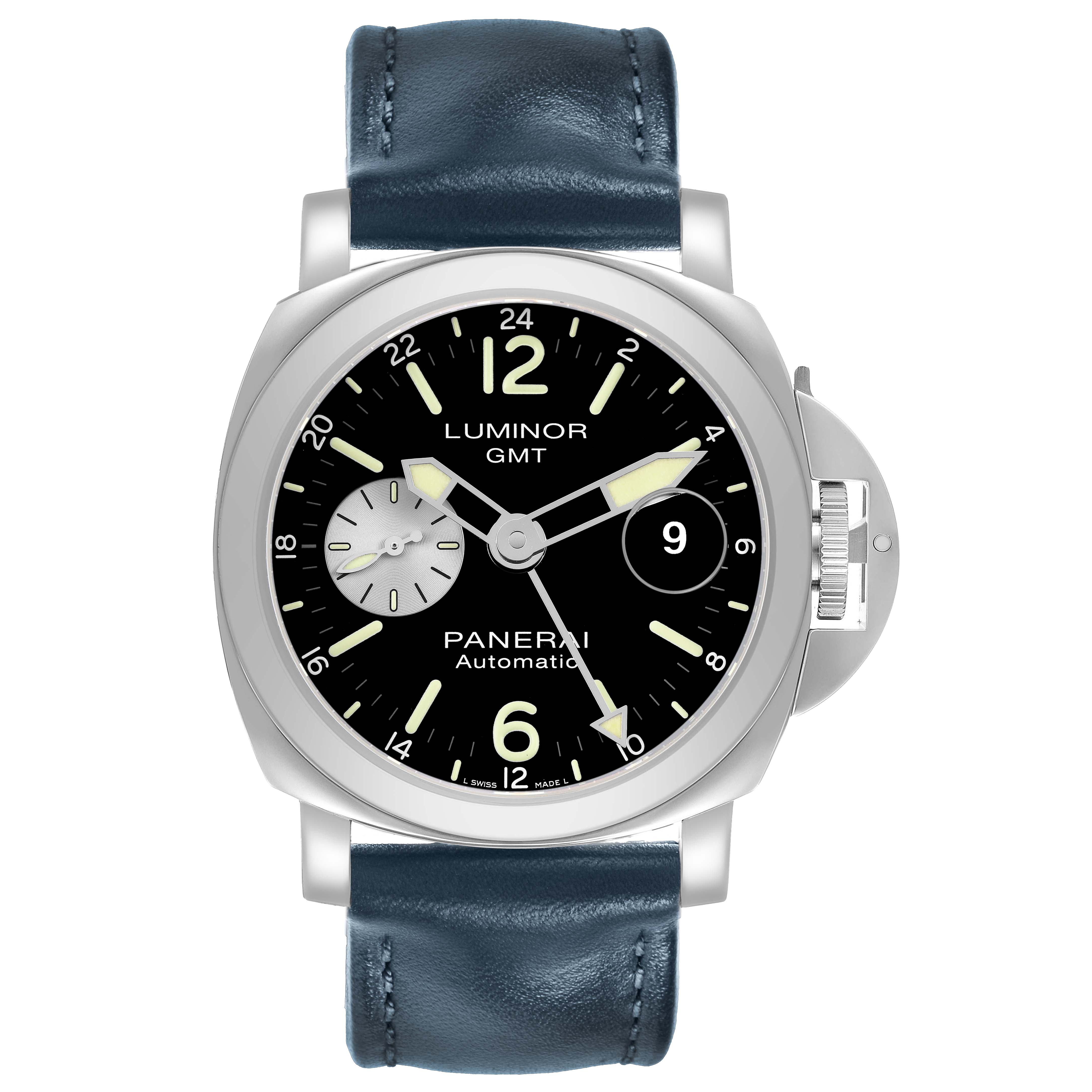 The image shows a frontal view of the Panerai Luminor PAM01088 Men's Stainless Steel Black Dial watch, featuring its face and leather strap.
