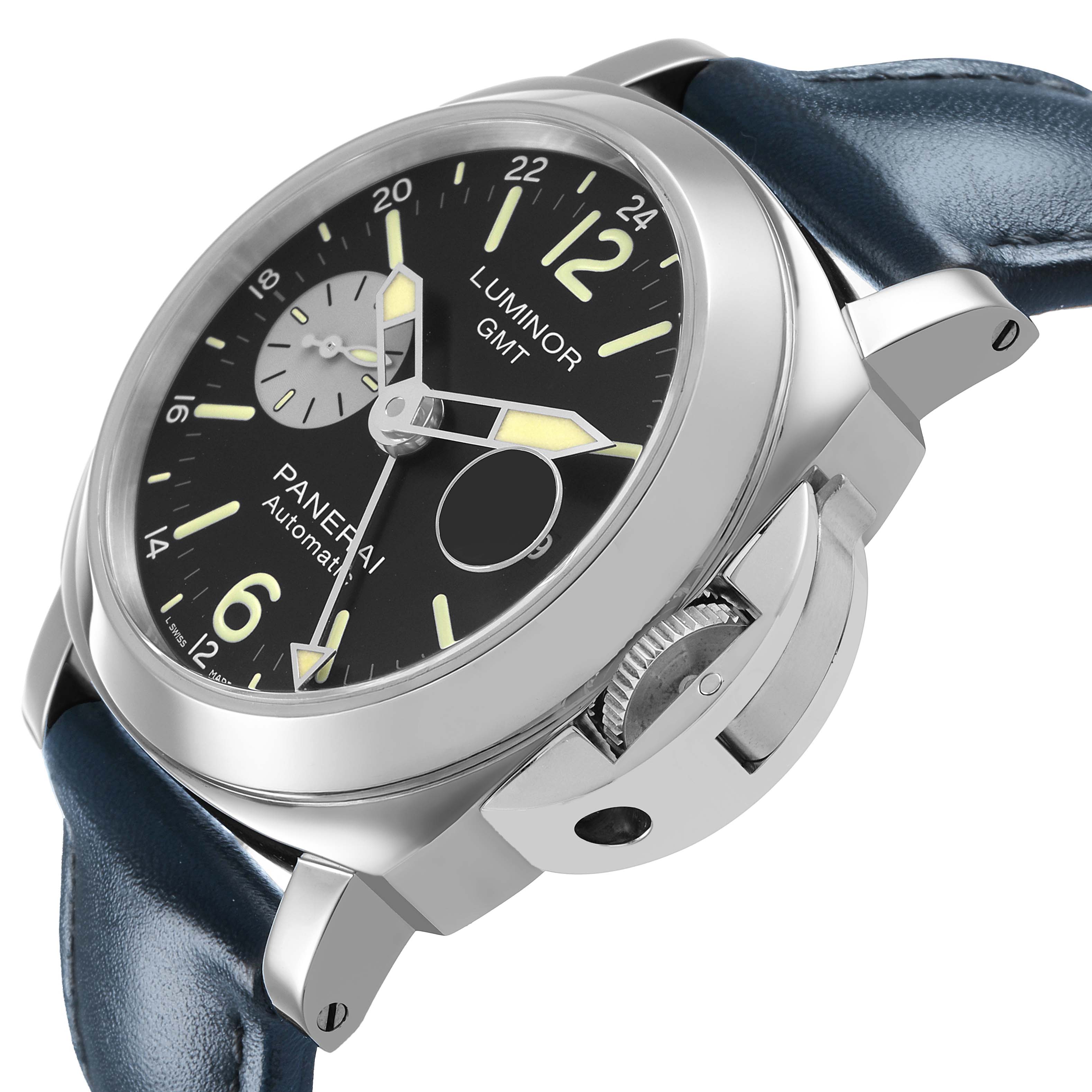 The image shows a Panerai Luminor PAM01088 Men's Stainless Steel Black Dial watch from a three-quarter angle, highlighting the dial, case, crown guard, and strap.