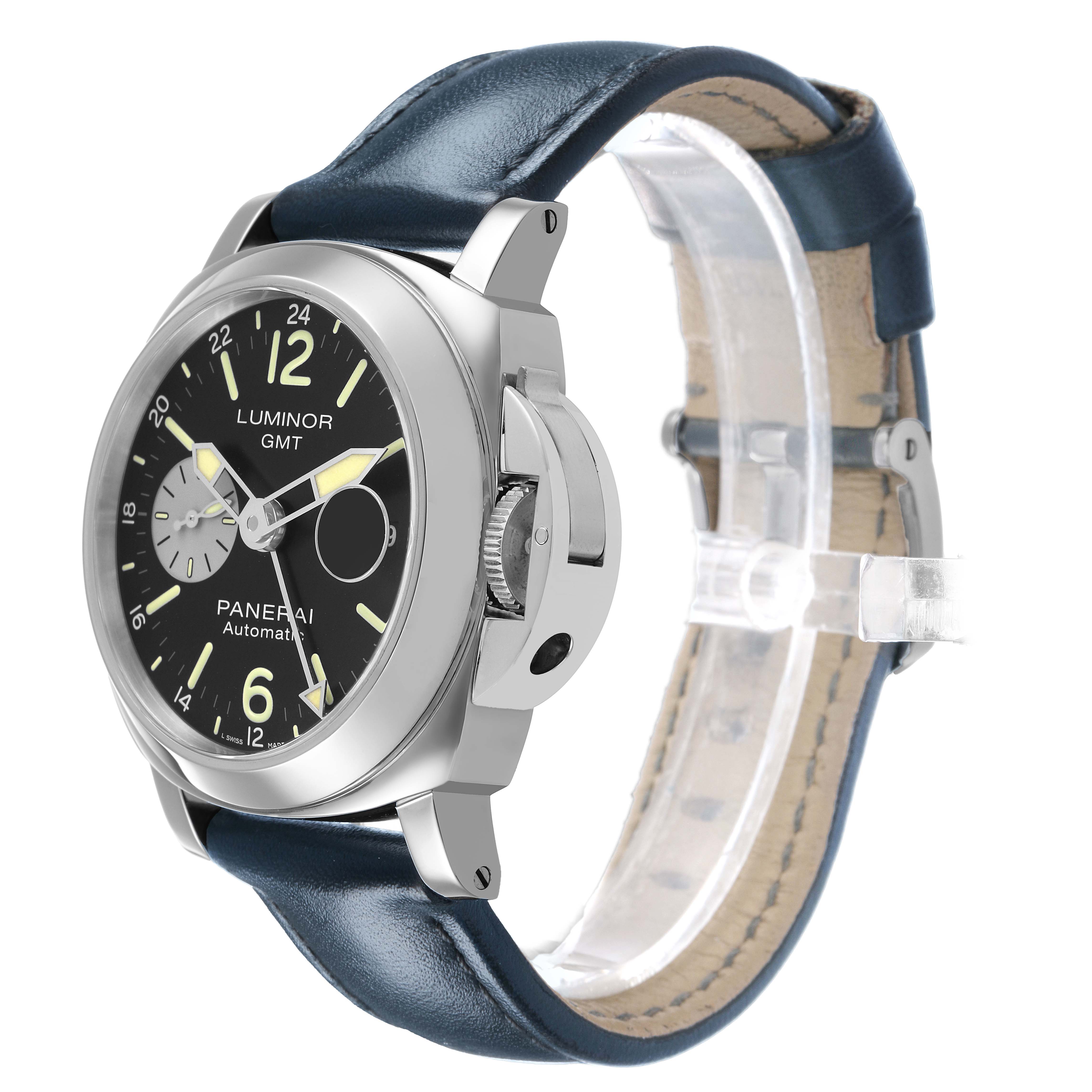 The Panerai Luminor PAM01088 Men's Stainless Steel Black Dial watch is shown at a side angle, highlighting the dial, case, crown guard, and leather strap.