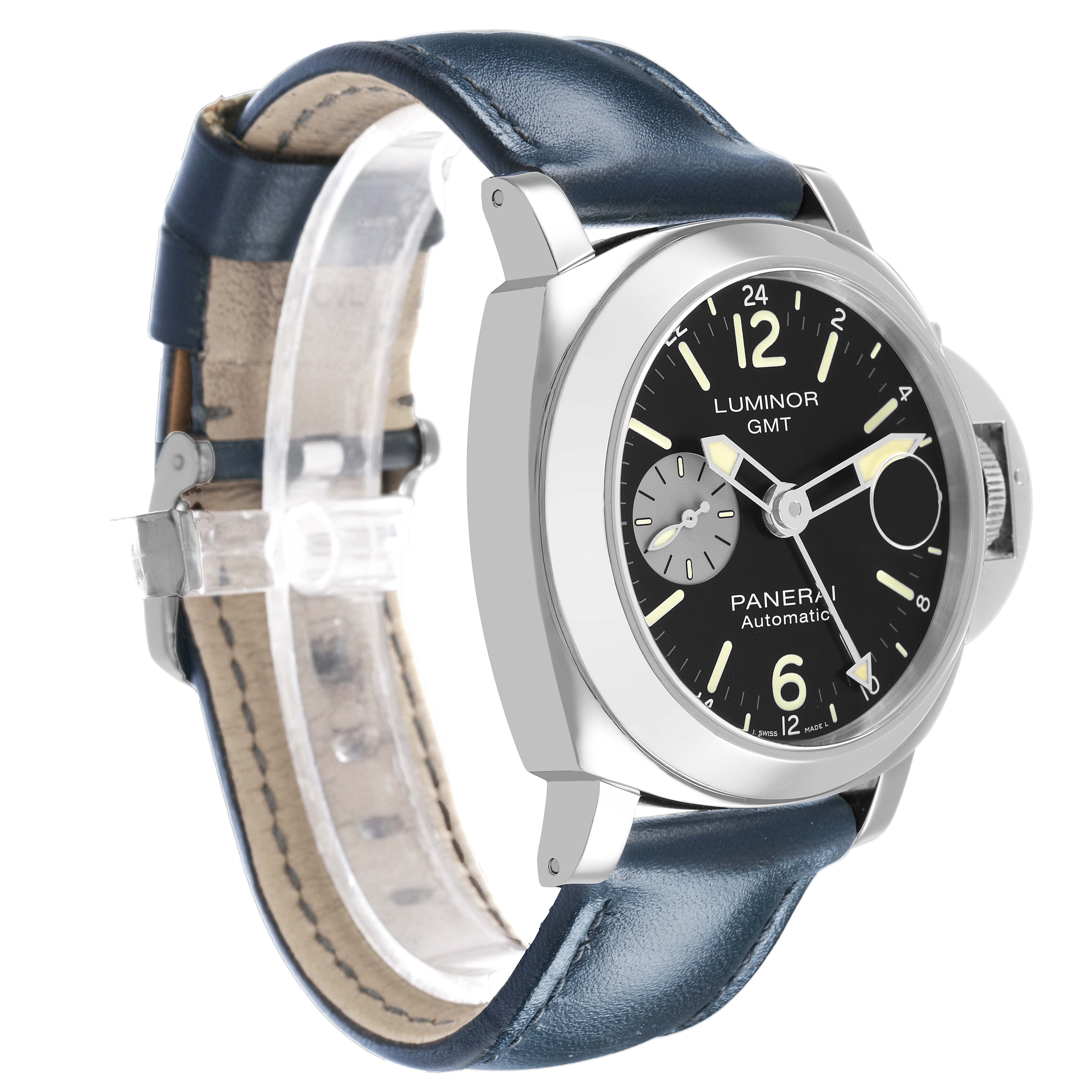 The Panerai Luminor PAM01088 Men's Stainless Steel Black Dial watch is shown at a three-quarter angle, highlighting the face, bezel, and leather strap.
