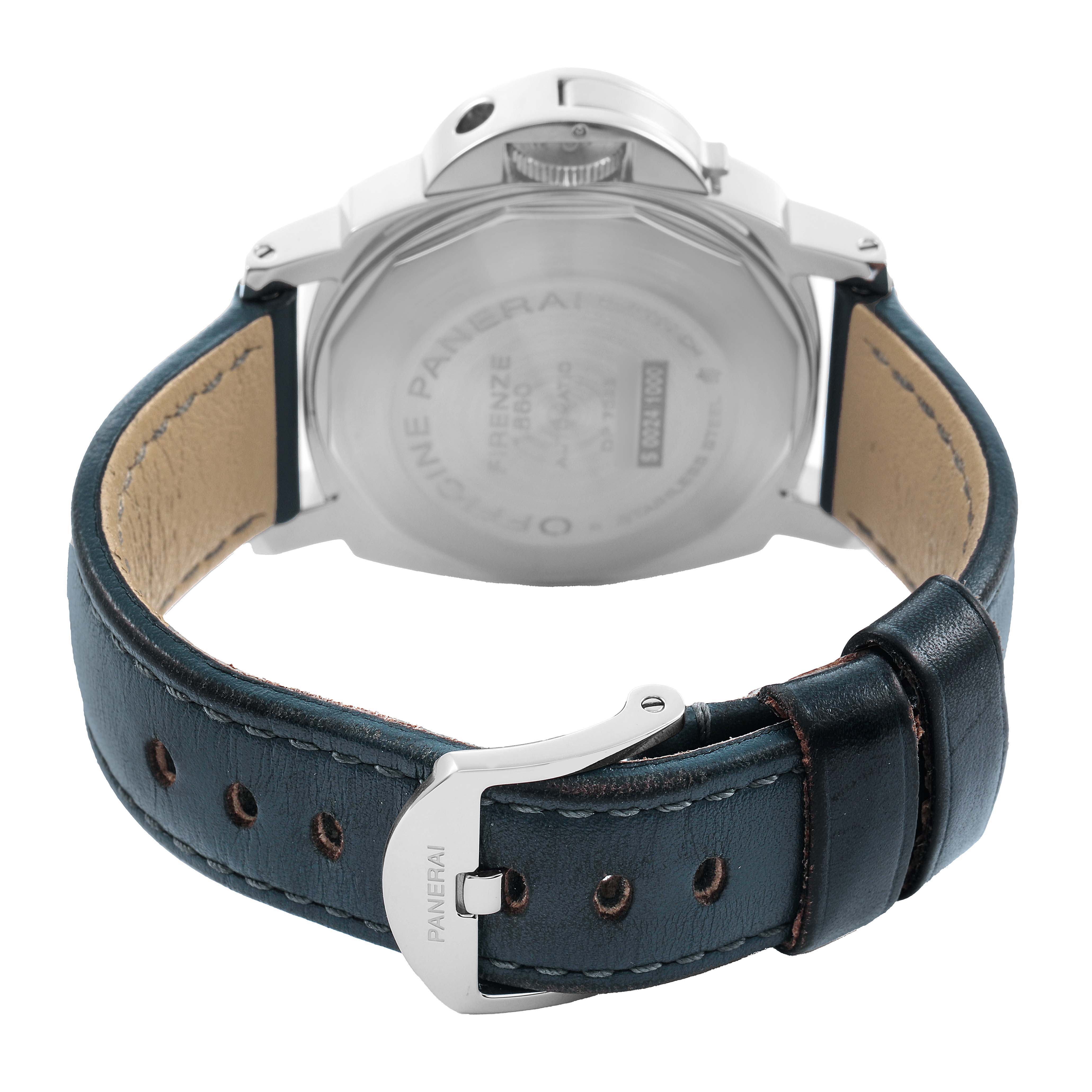 The image shows the back of the Panerai Luminor PAM01088 Men's Stainless Steel Black Dial watch, focusing on the case back and leather strap with Panerai branding on the buckle.