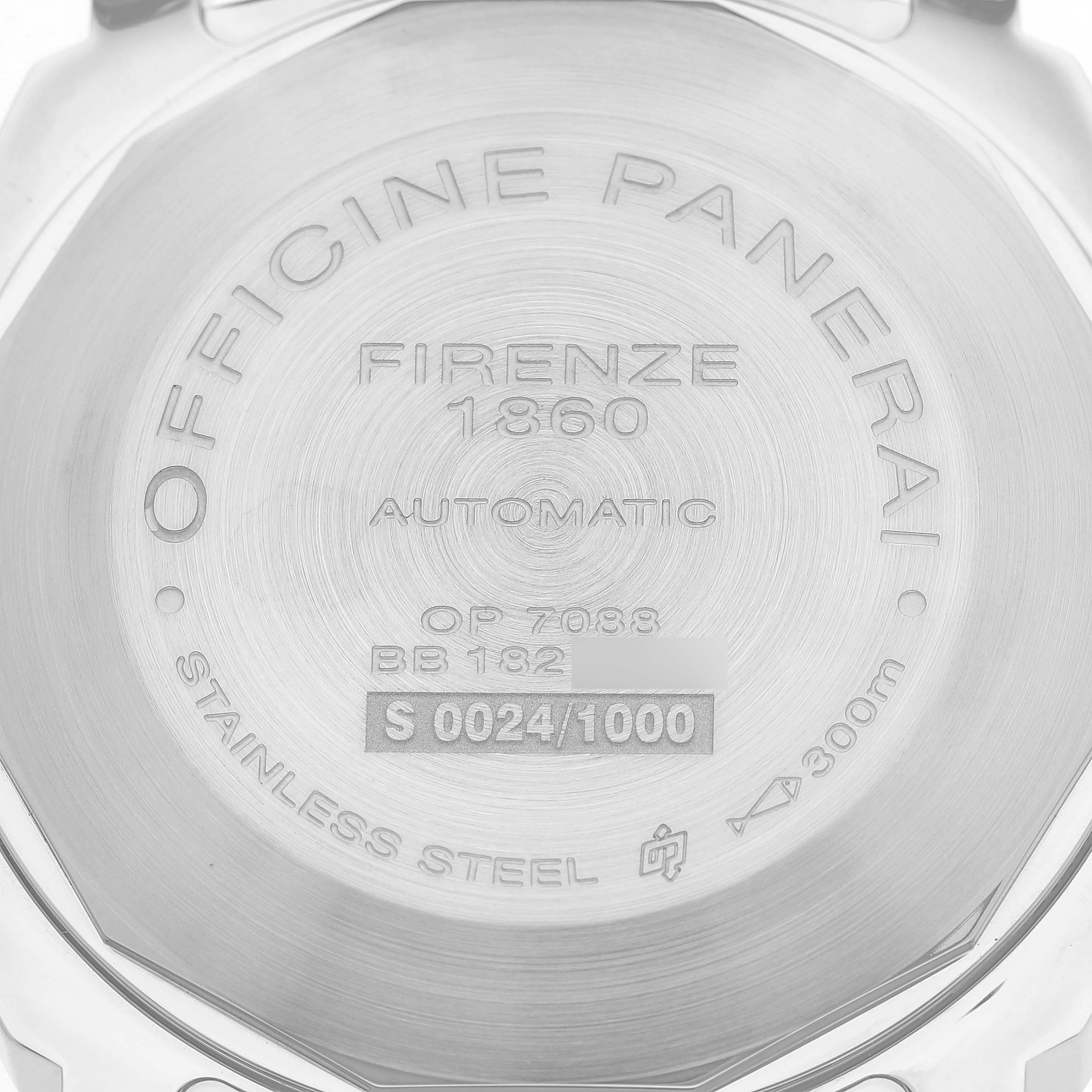 The image shows the back case of the Panerai Luminor PAM01088 Men's Stainless Steel Black Dial watch, featuring engravings and specifications.