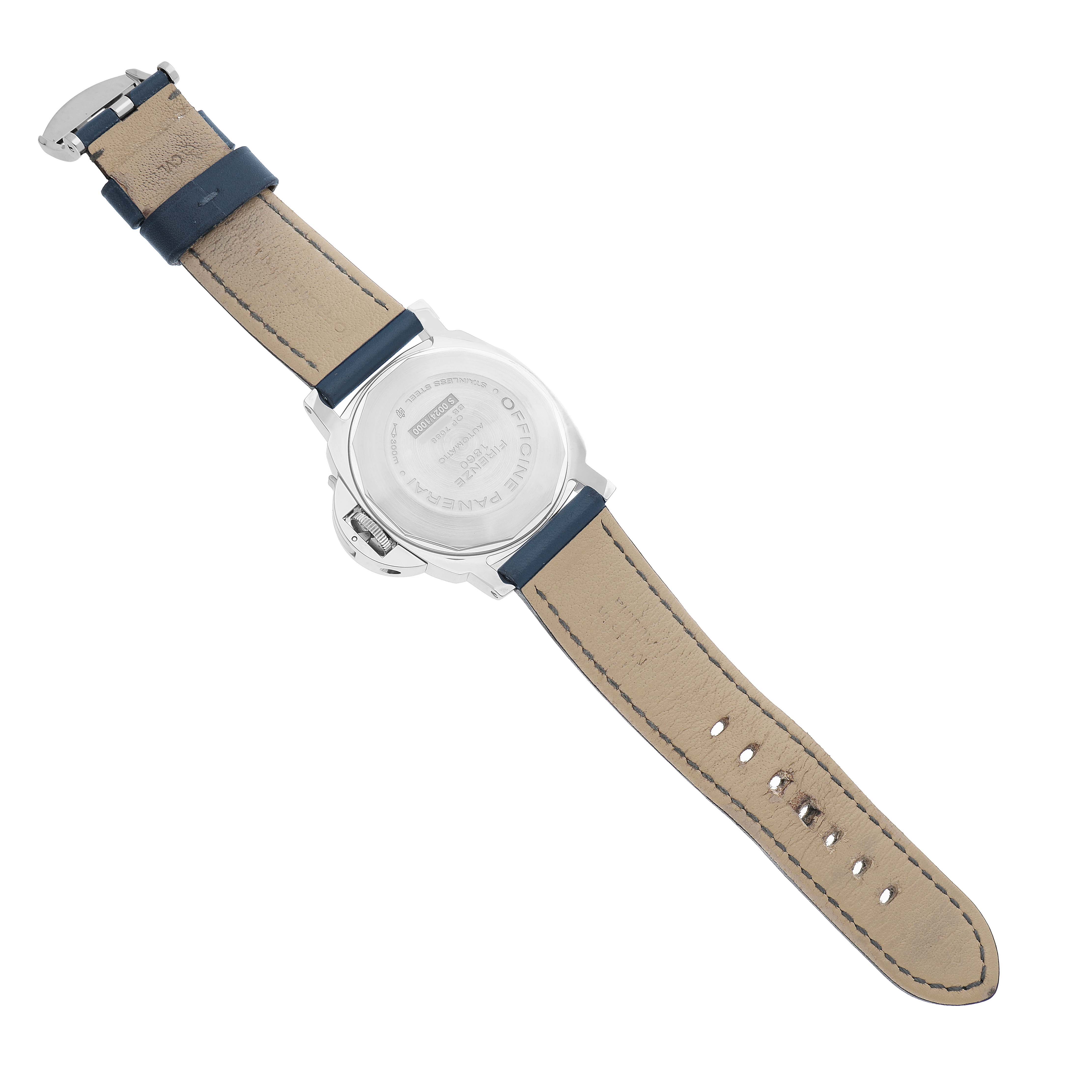 The image shows the back view of a Panerai Luminor PAM01088 Men's Stainless Steel Black Dial watch, highlighting the case back and leather strap.