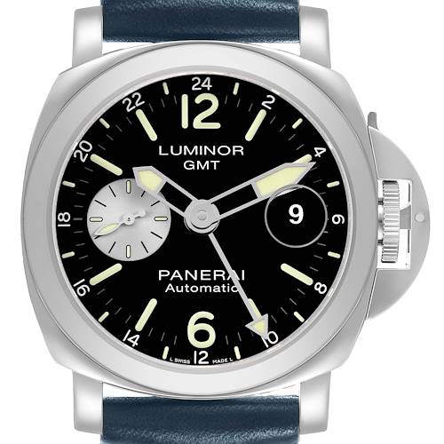 The image shows a front view of the Panerai Luminor PAM01088 Men's Stainless Steel Black Dial watch, highlighting its dial, hands, subdials, and crown guard.