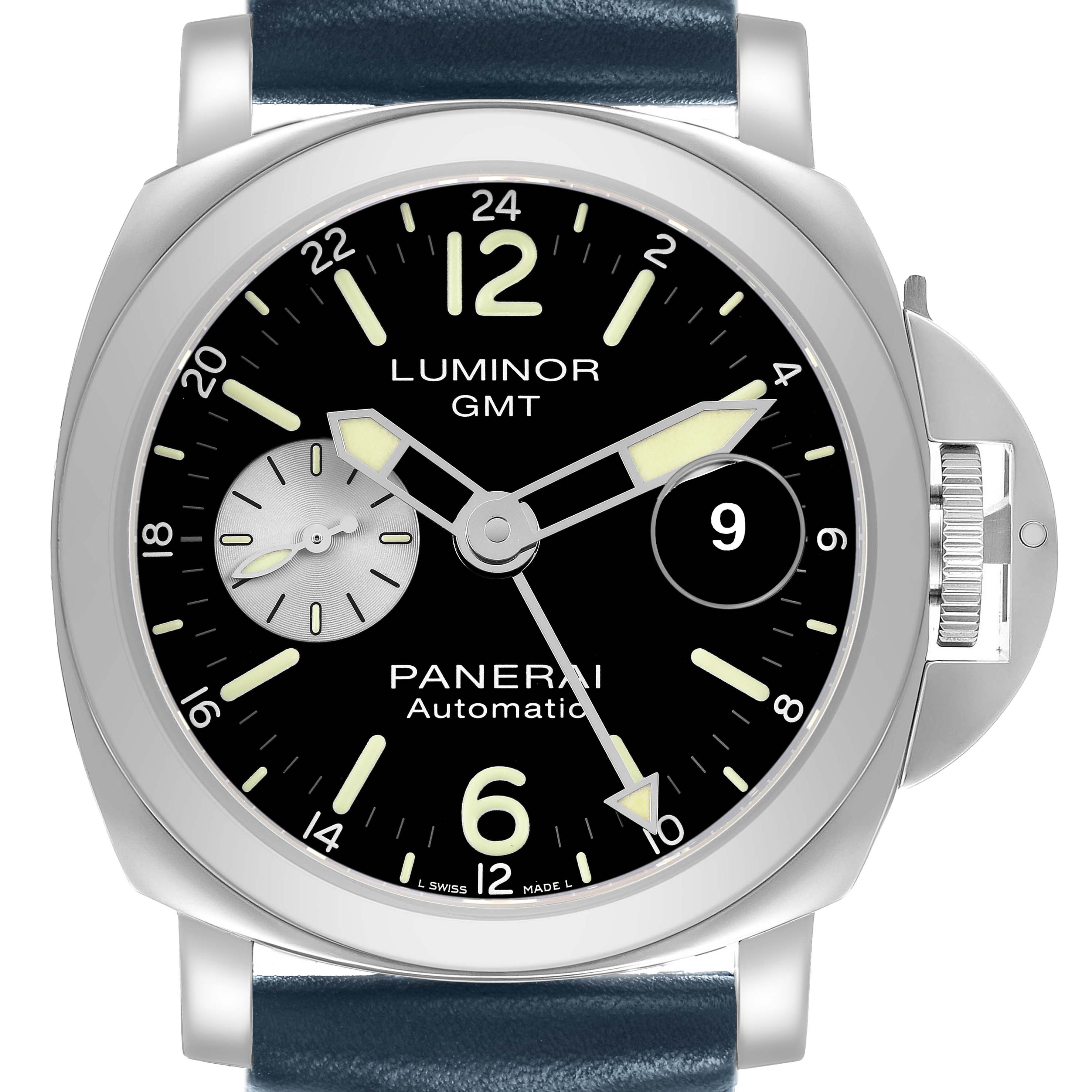 The image shows a front view of the Panerai Luminor PAM01088 Men's Stainless Steel Black Dial GMT watch, featuring its dial, crown guard, and strap attachments.