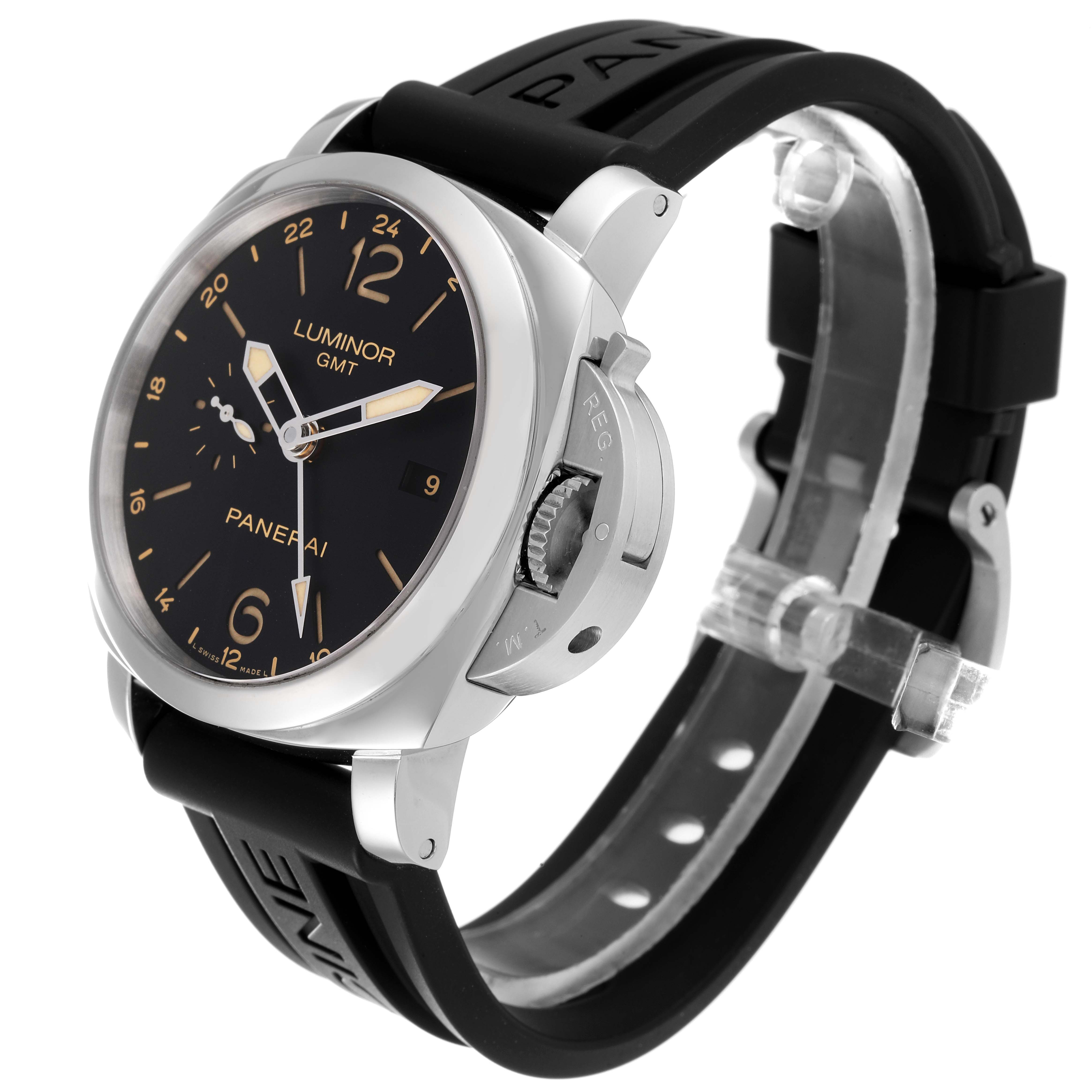 This image shows a Panerai Luminor PAM00531 Men
s Stainless Steel Black Dial PAM00531 Men
s Stainless Steel Black Dial GMT watch at an angle, highlighting its face, crown guard, and black rubber strap.