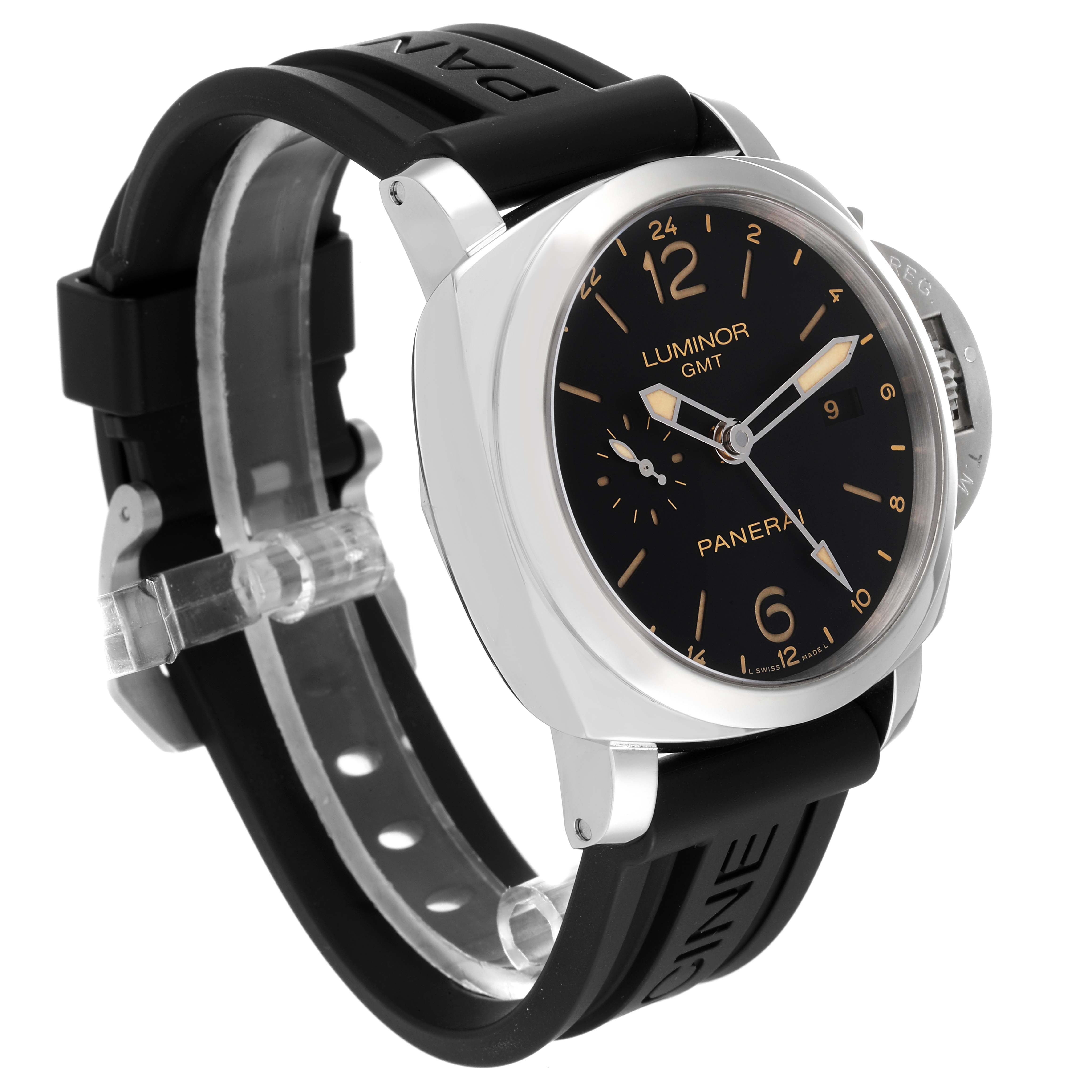 The image shows a Panerai Luminor PAM00531 Men
s Stainless Steel Black Dial PAM00531 Men
s Stainless Steel Black Dial GMT watch from a side angle, highlighting its black dial, stainless steel case, and black rubber strap.