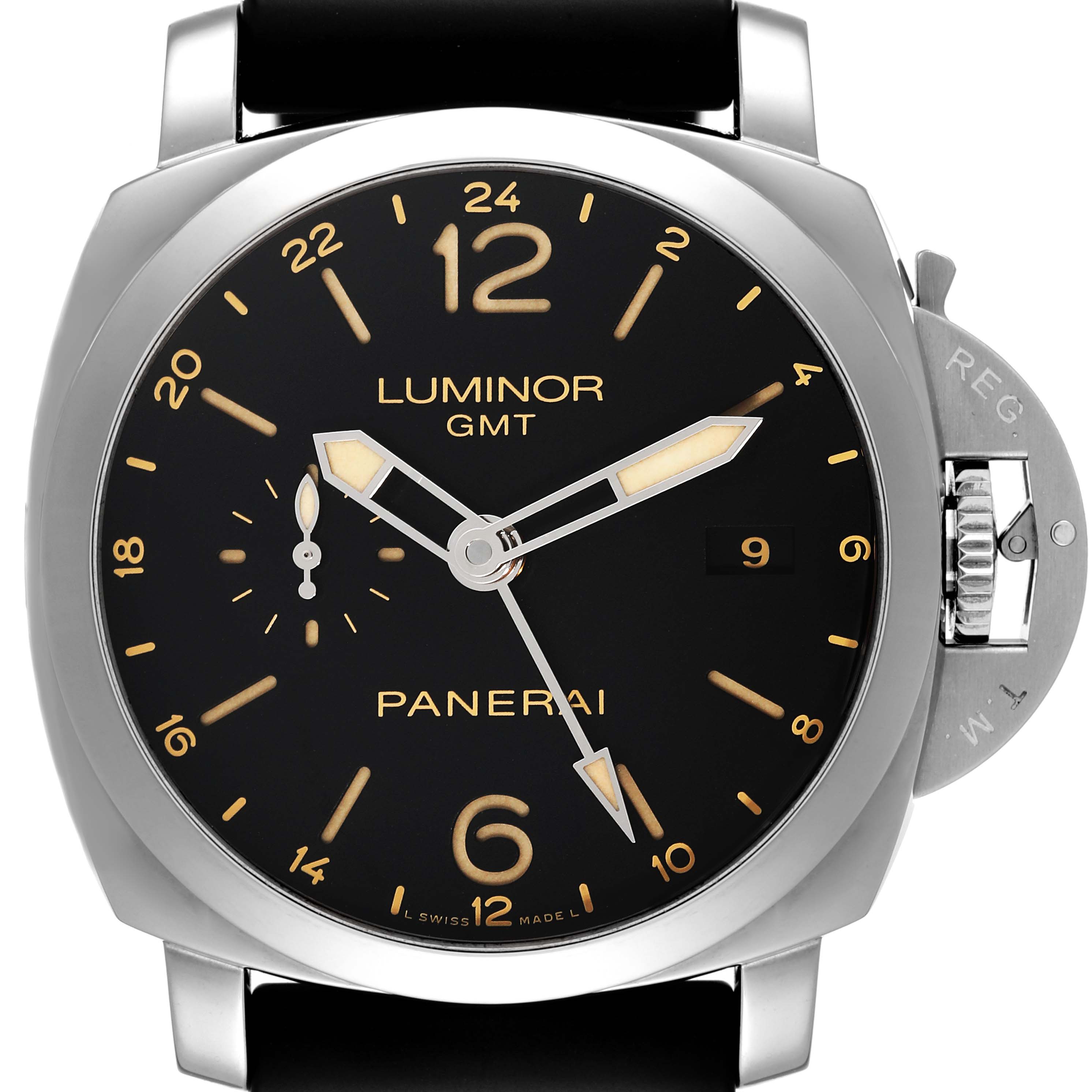 The image shows a front view of a Panerai Luminor PAM00531 Men
s Stainless Steel Black Dial PAM00531 Men
s Stainless Steel Black Dial GMT watch, displaying its black dial, hour markers, hands, and crown guard.