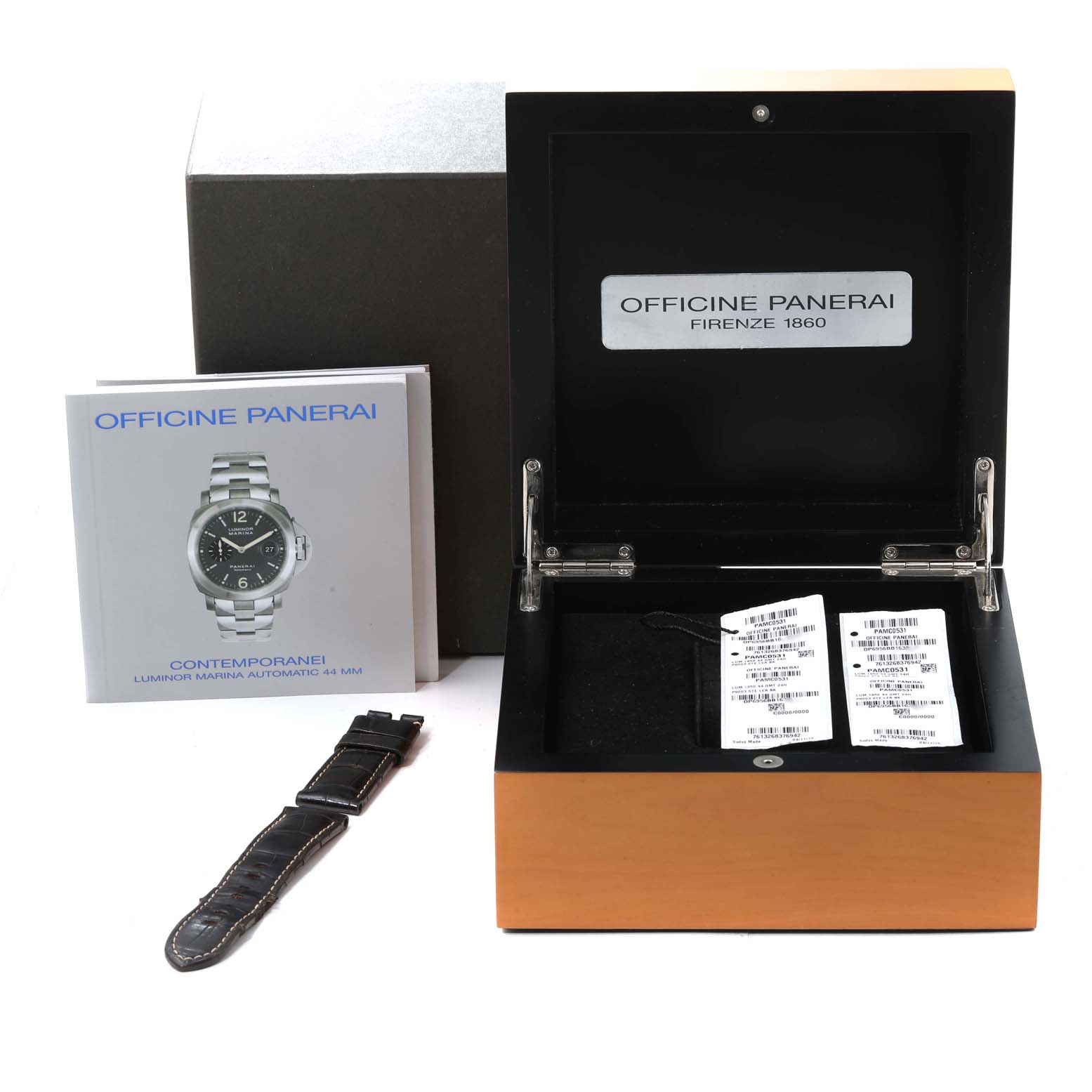 The image shows the box, booklet, a watch strap, and tags for the Panerai Luminor PAM00531 Men
s Stainless Steel Black Dial PAM00531 Men
s Stainless Steel Black Dial model.