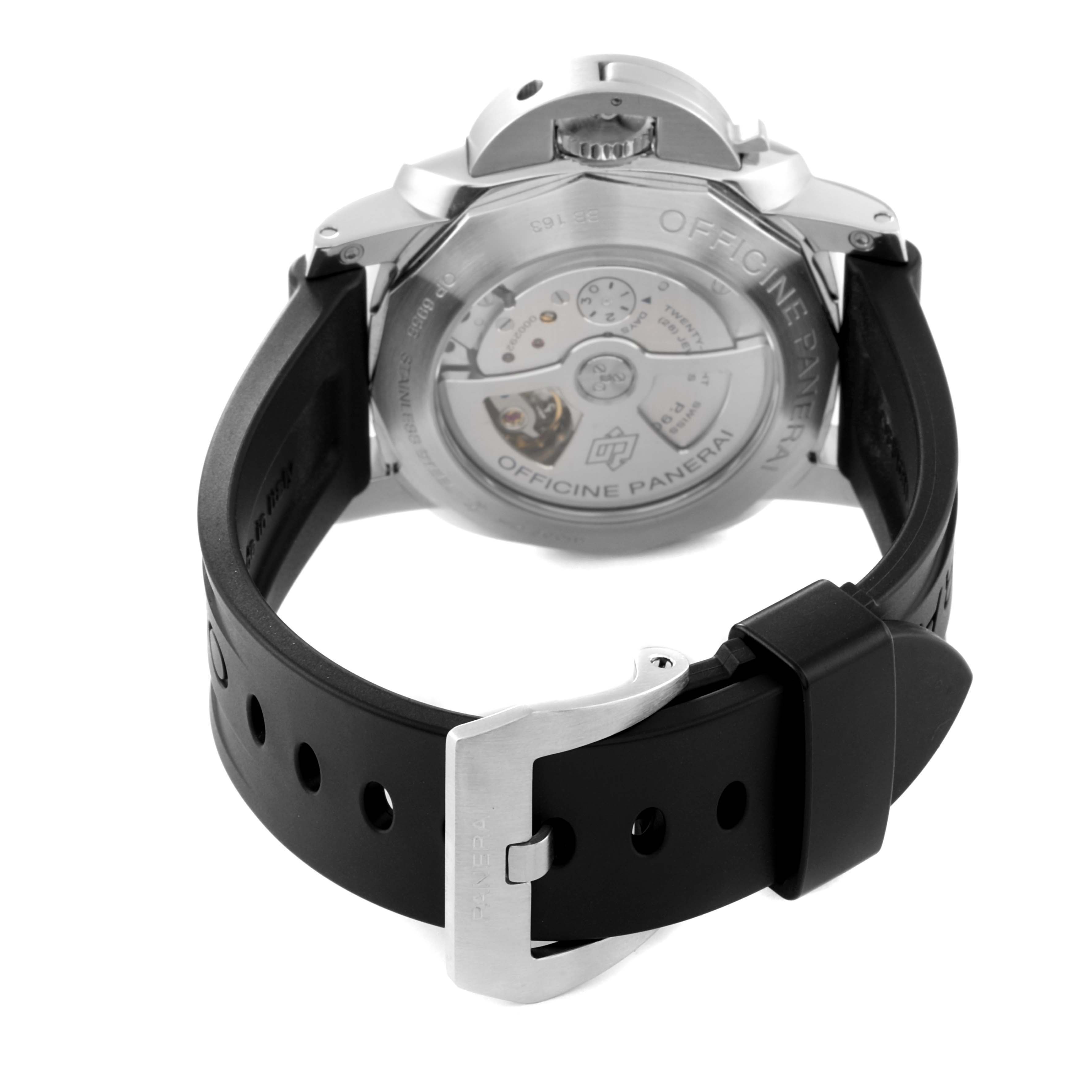 This image shows the back view of a Panerai Luminor PAM00531 Men
s Stainless Steel Black Dial PAM00531 Men
s Stainless Steel Black Dial watch, featuring its movement and part of the black strap with buckle.