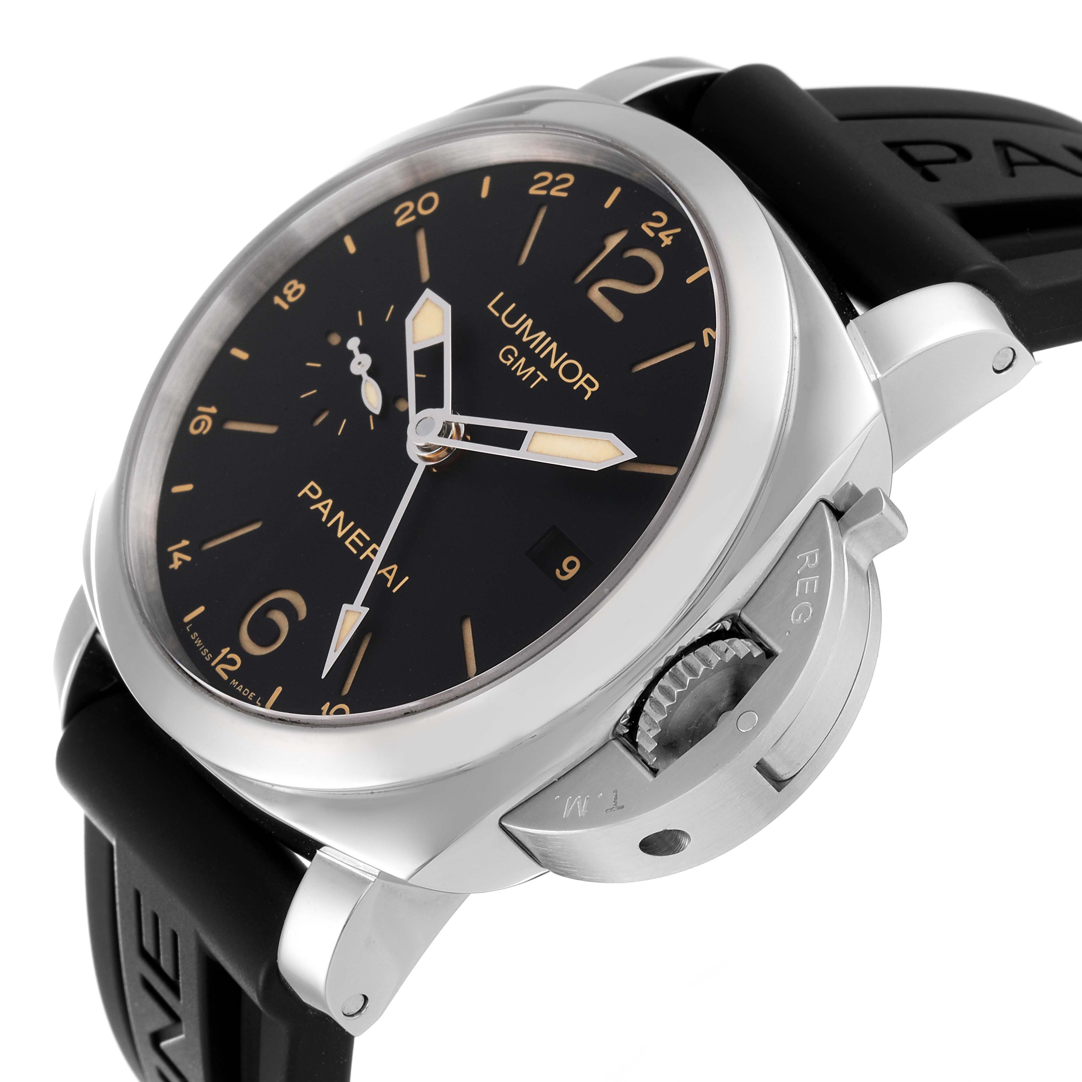 The image shows a side angle of a Panerai Luminor PAM00531 Men
s Stainless Steel Black Dial PAM00531 Men
s Stainless Steel Black Dial GMT watch, highlighting the dial, crown guard, and part of the strap.