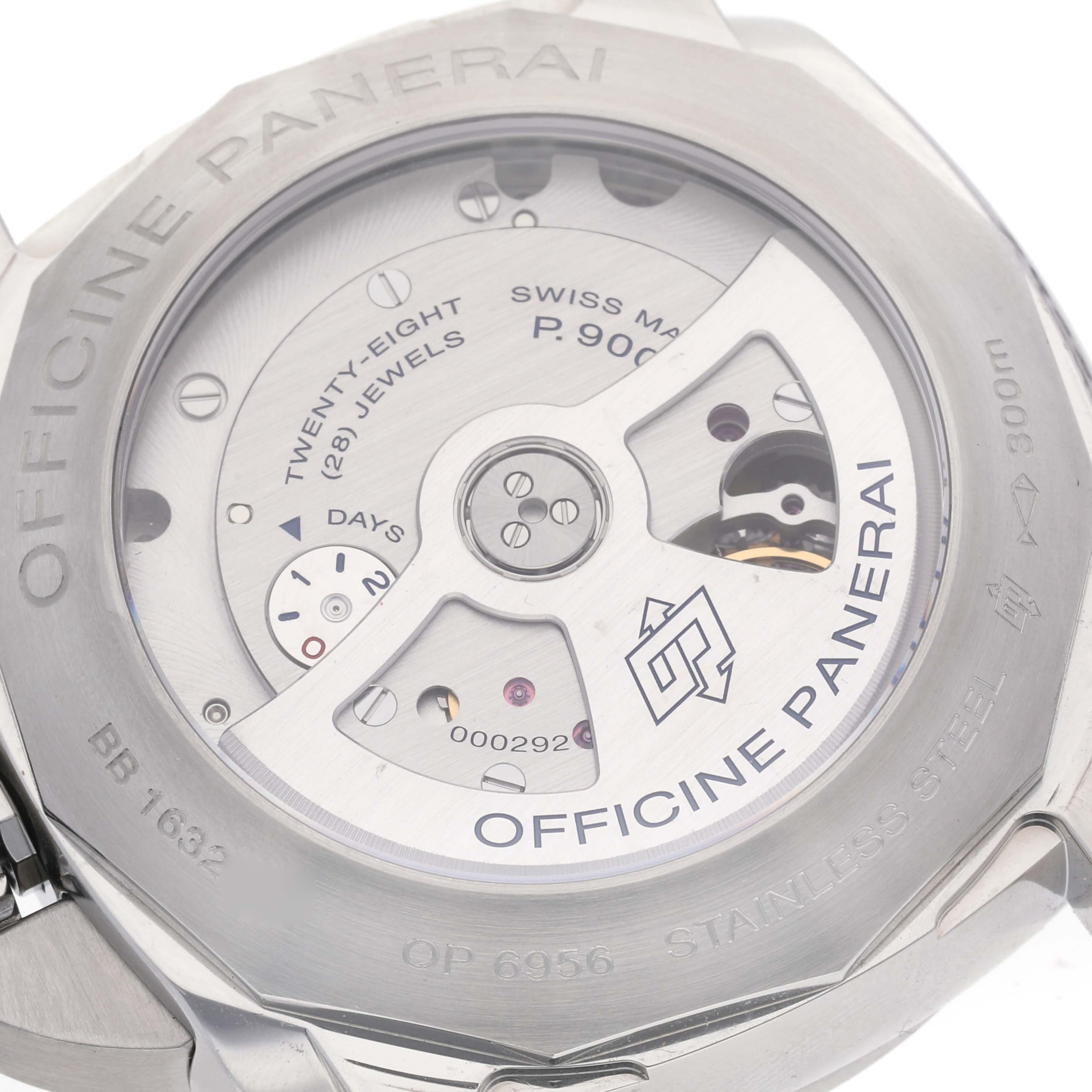 The image shows the back of a Panerai Luminor PAM00531 Men
s Stainless Steel Black Dial PAM00531 Men
s Stainless Steel Black Dial watch, highlighting its movement with visible engravings and internal components.