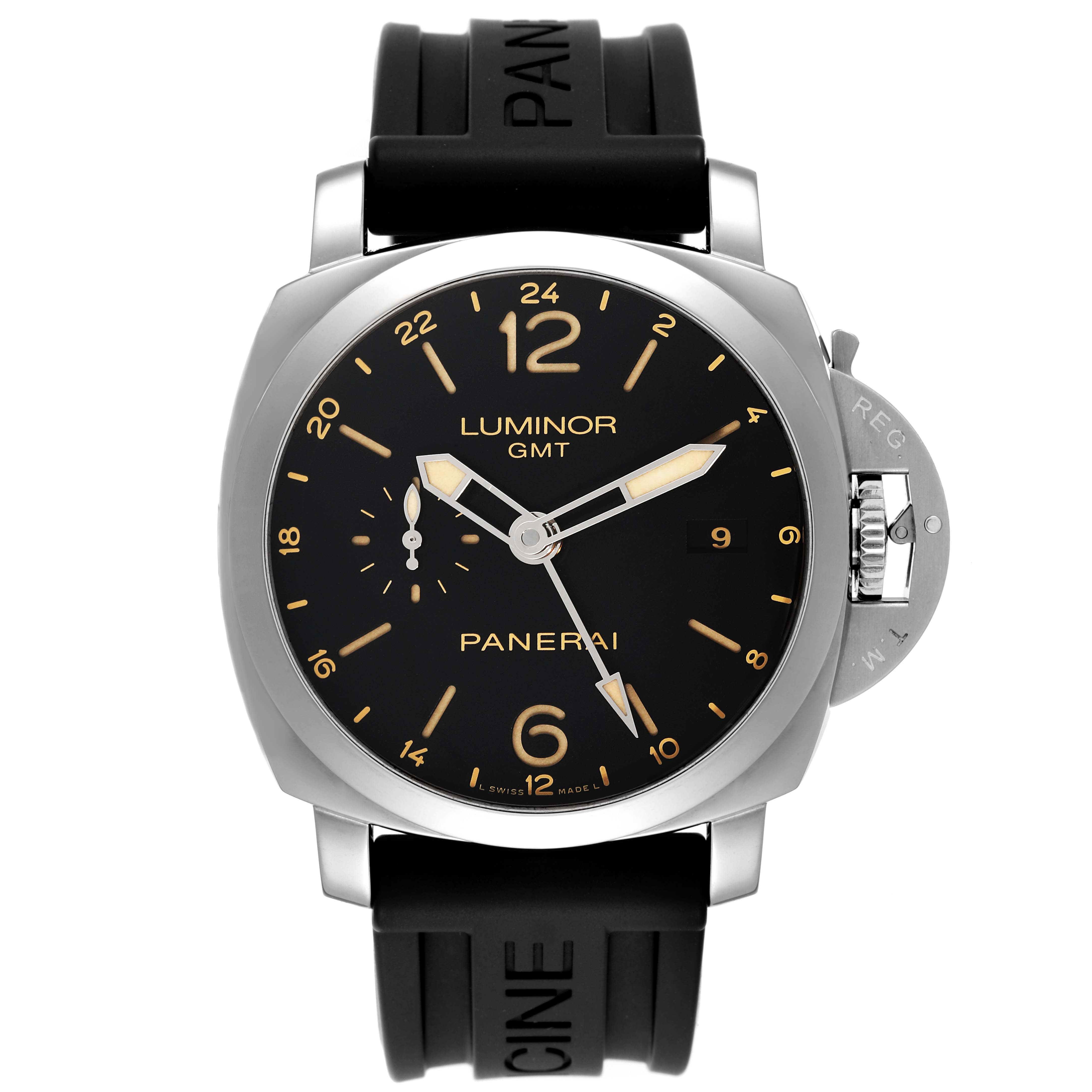 This image shows a front view of the Panerai Luminor PAM00531 Men
s Stainless Steel Black Dial PAM00531 Men
s Stainless Steel Black Dial watch with a black dial and rubber strap.