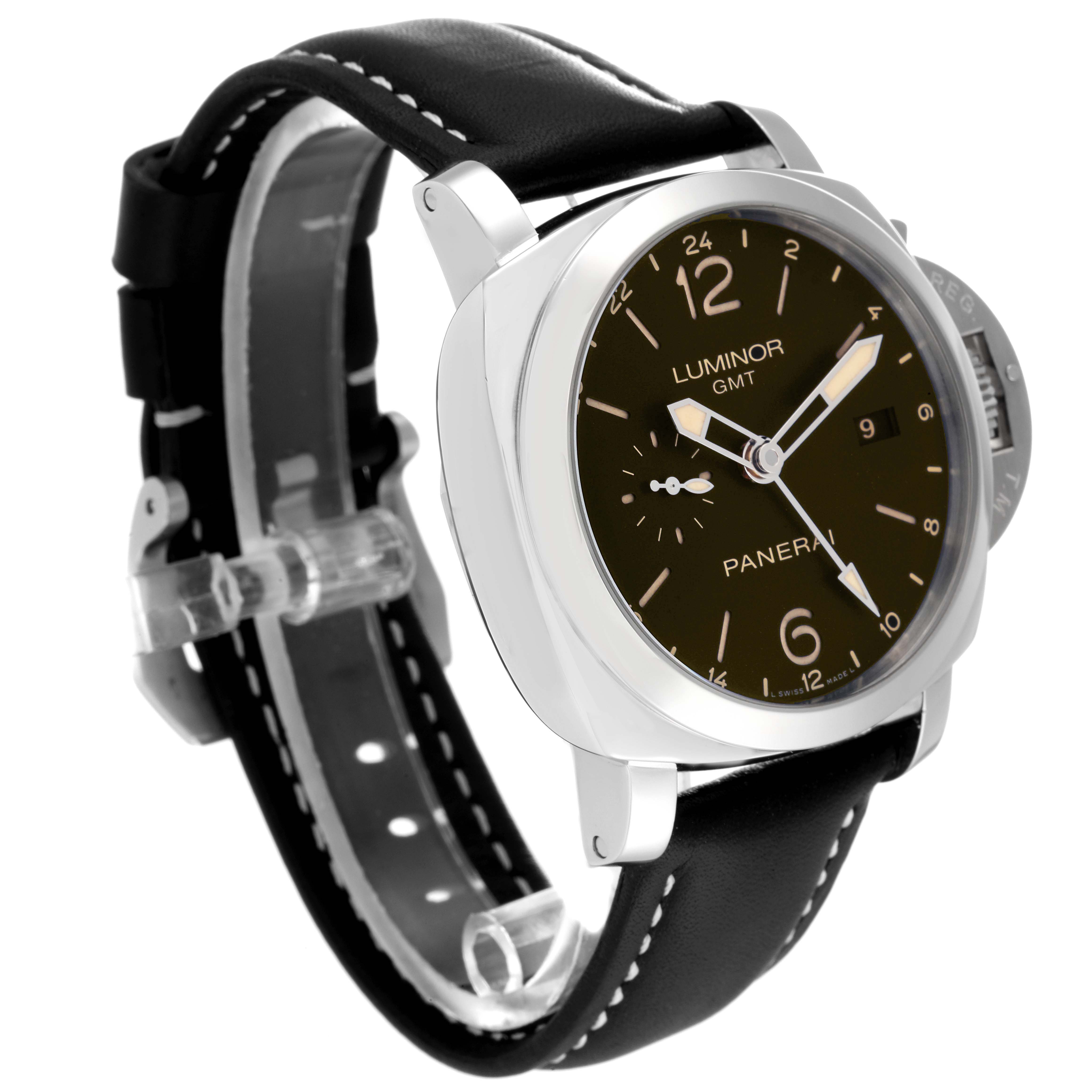 This image shows a Panerai Luminor PAM00531 Men
s Stainless Steel Black Dial PAM00531 Men
s Stainless Steel Black Dial watch at a slight side angle, highlighting its dial, case, and black leather strap.