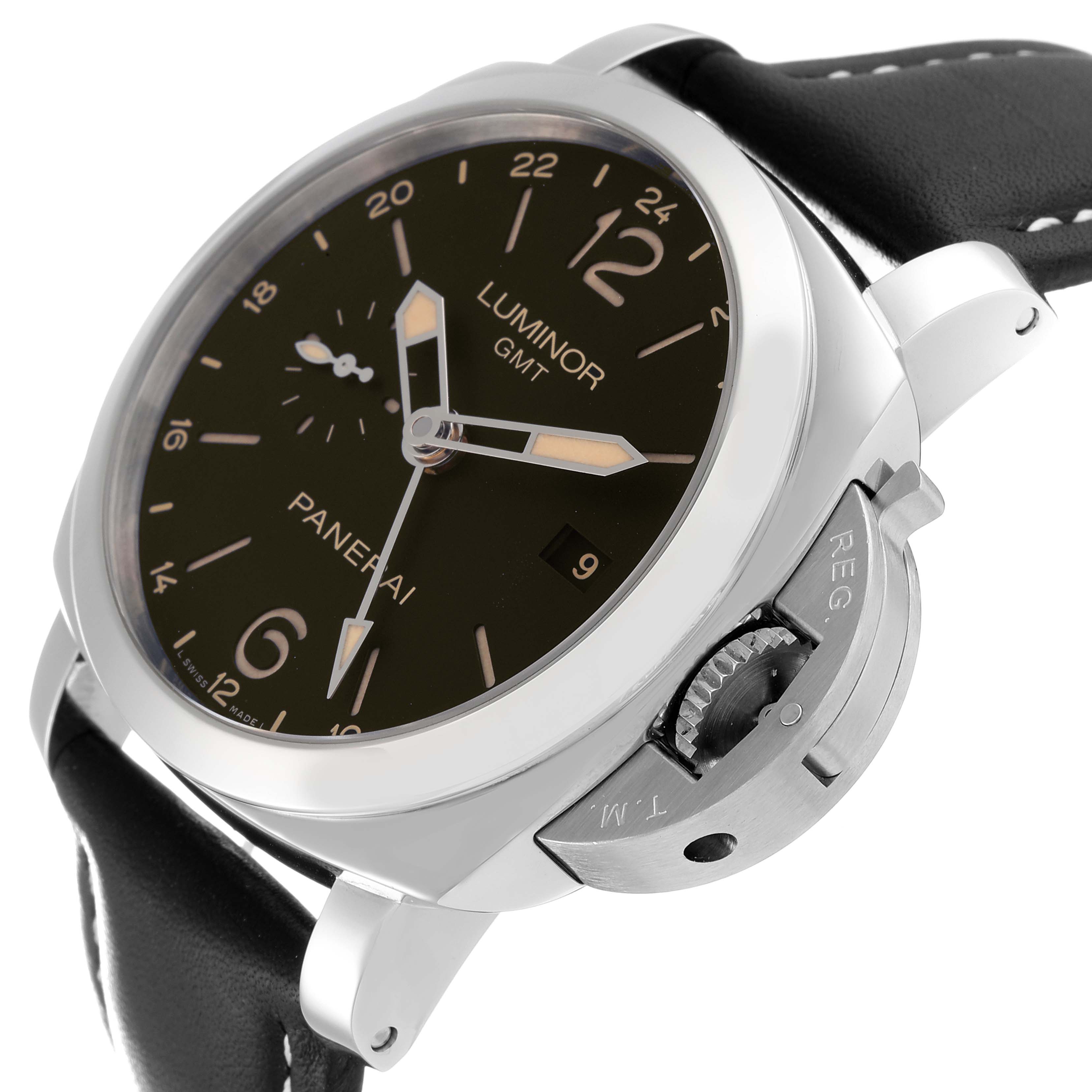 The image shows an angled view of the Panerai Luminor PAM00531 Men
s Stainless Steel Black Dial PAM00531 Men
s Stainless Steel Black Dial GMT watch, highlighting the dial, crown, and part of the strap.