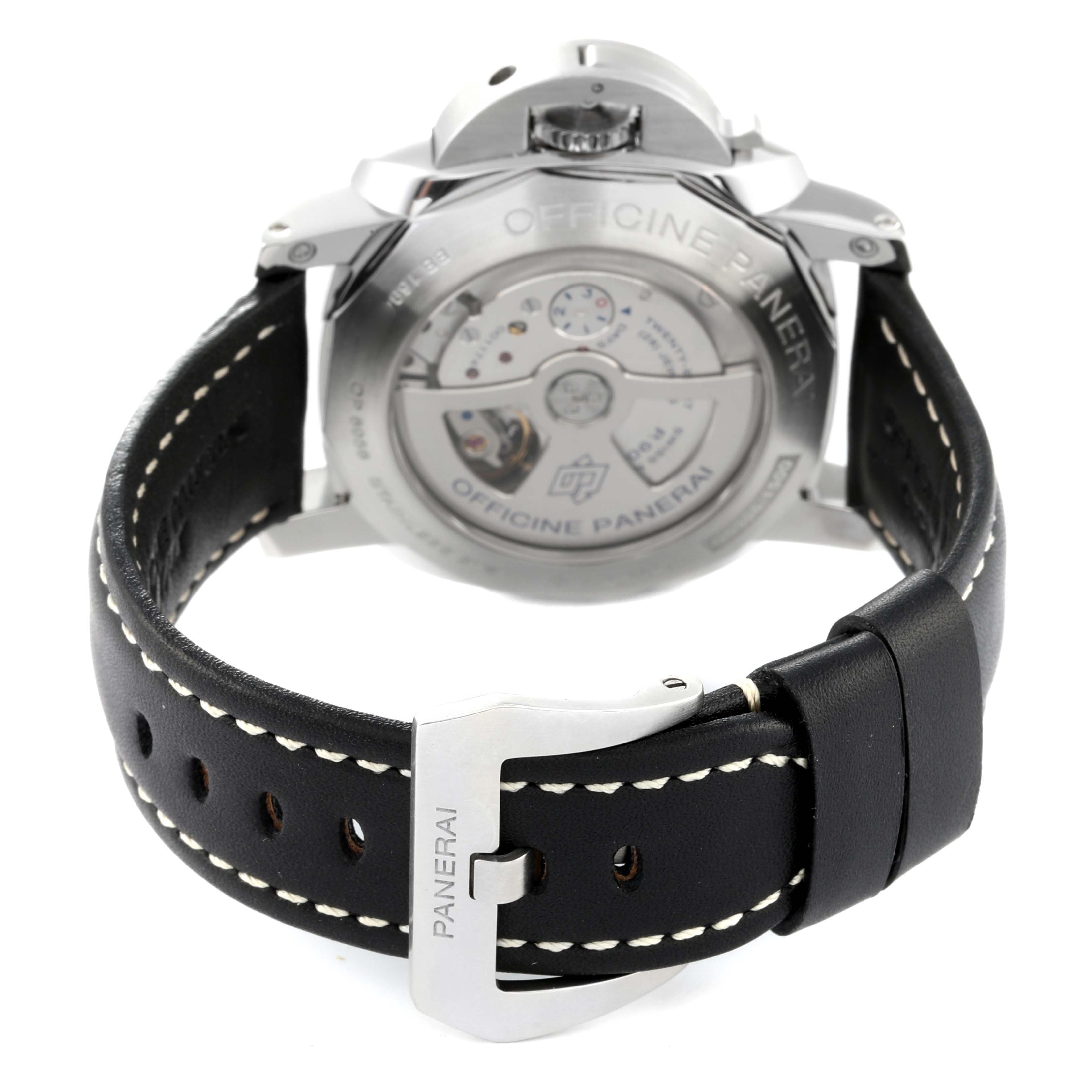 The image shows the back view of the Panerai Luminor PAM00531 Men
s Stainless Steel Black Dial PAM00531 Men
s Stainless Steel Black Dial watch, highlighting its transparent case back, movement, and black leather strap with "Panerai" engraved on the buckle.