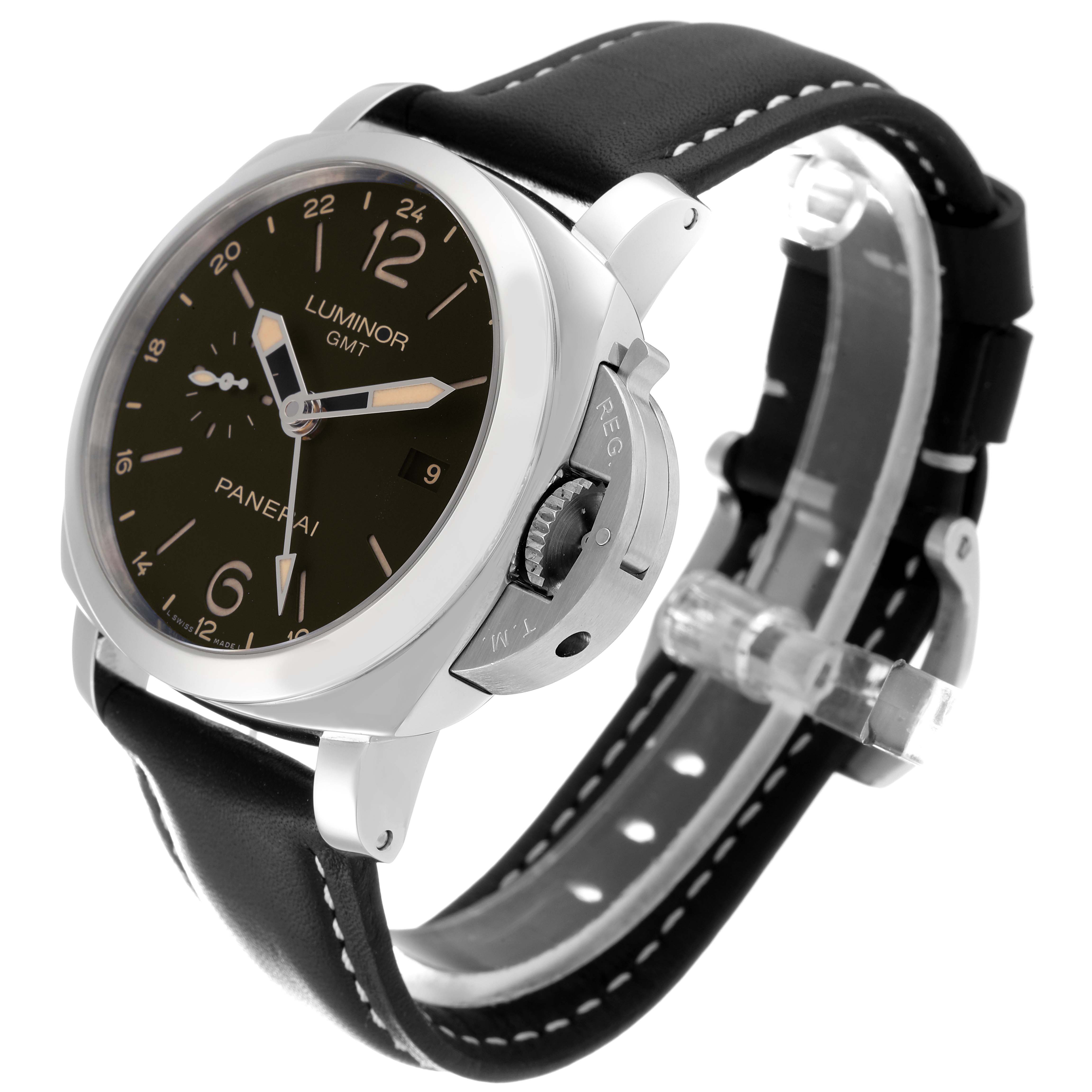 The Panerai Luminor PAM00531 Men
s Stainless Steel Black Dial PAM00531 Men
s Stainless Steel Black Dial watch is shown at a three-quarter angle, highlighting the dial, bezel, crown, and leather strap.