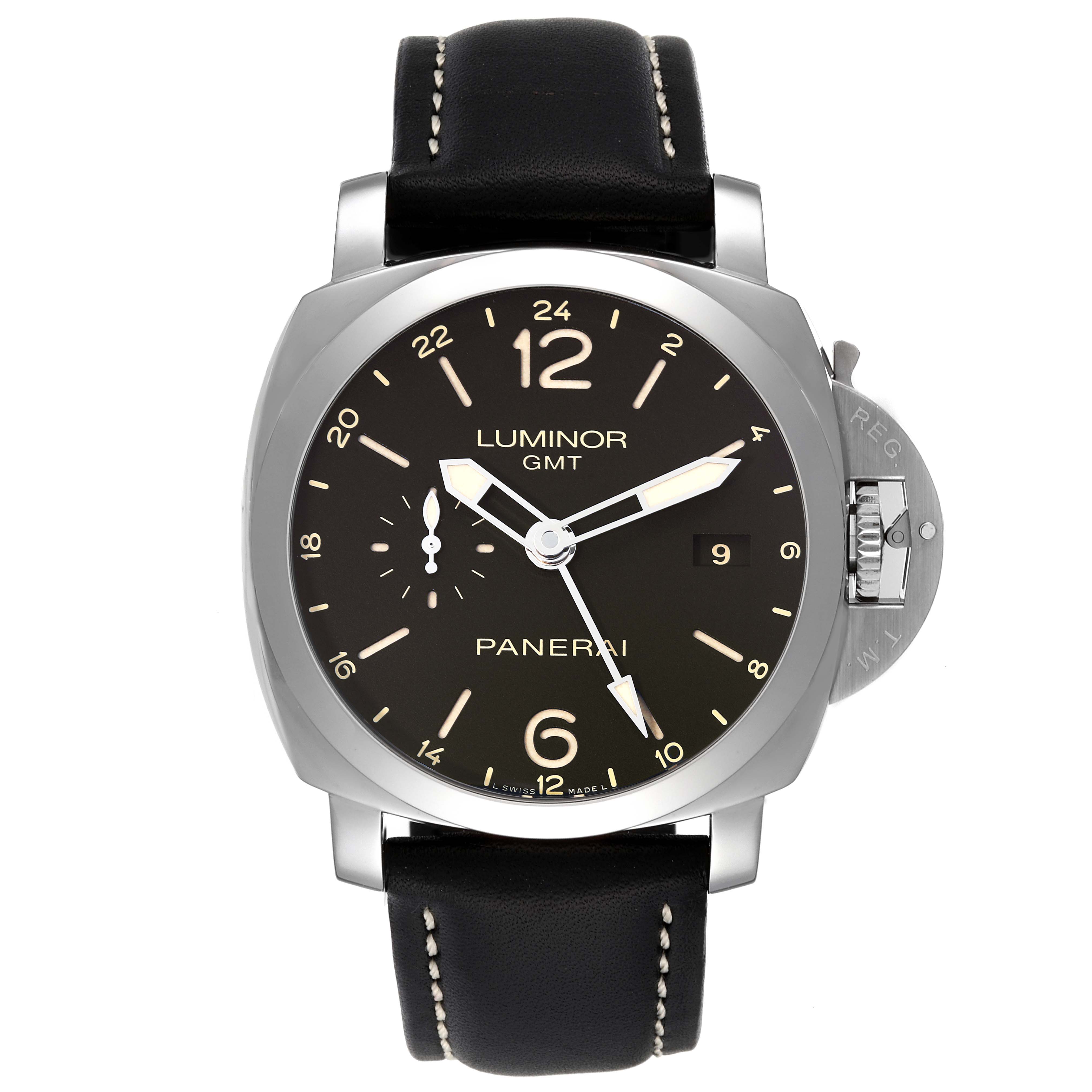 The image shows a Panerai Luminor PAM00531 Men
s Stainless Steel Black Dial PAM00531 Men
s Stainless Steel Black Dial GMT watch from a front angle, displaying its dial, bezel, and strap.