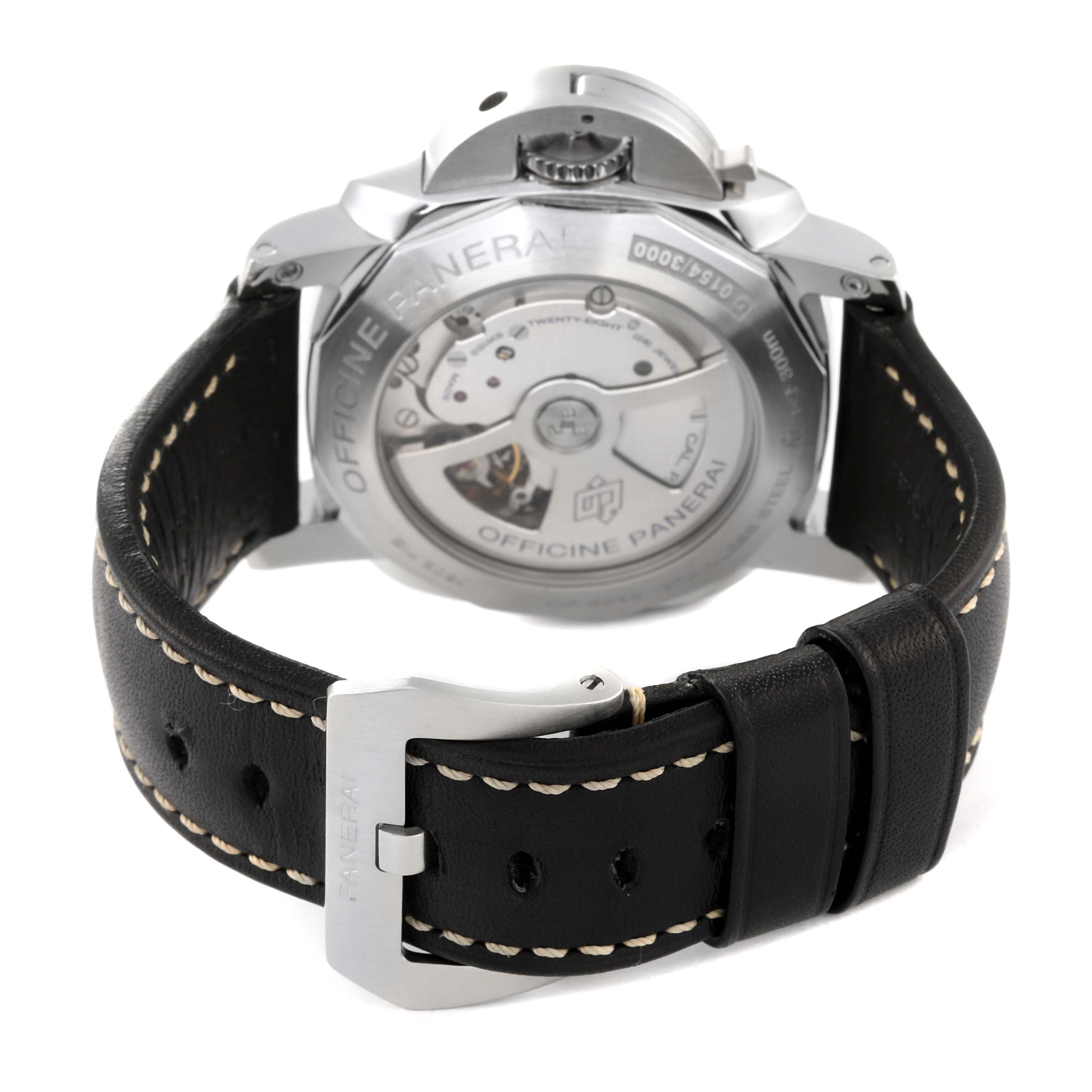 The image shows the back view of a Panerai Luminor PAM00359 Men
s Stainless Steel Black Dial PAM00359 Men
s Stainless Steel Black Dial watch, highlighting the leather strap and transparent case back.