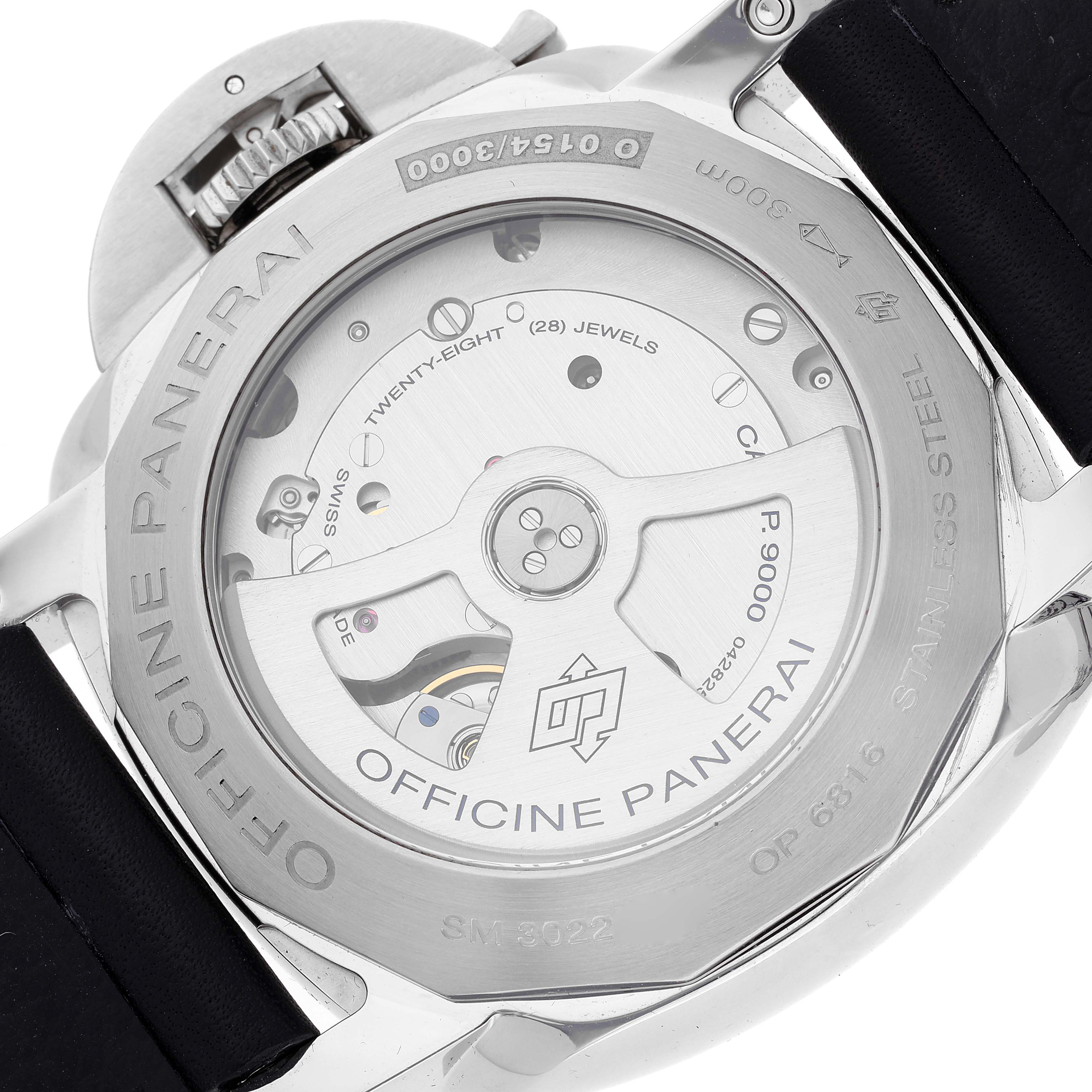 This image shows the back view of a Panerai Luminor PAM00359 Men
s Stainless Steel Black Dial PAM00359 Men
s Stainless Steel Black Dial watch, highlighting its internal mechanical components and markings.