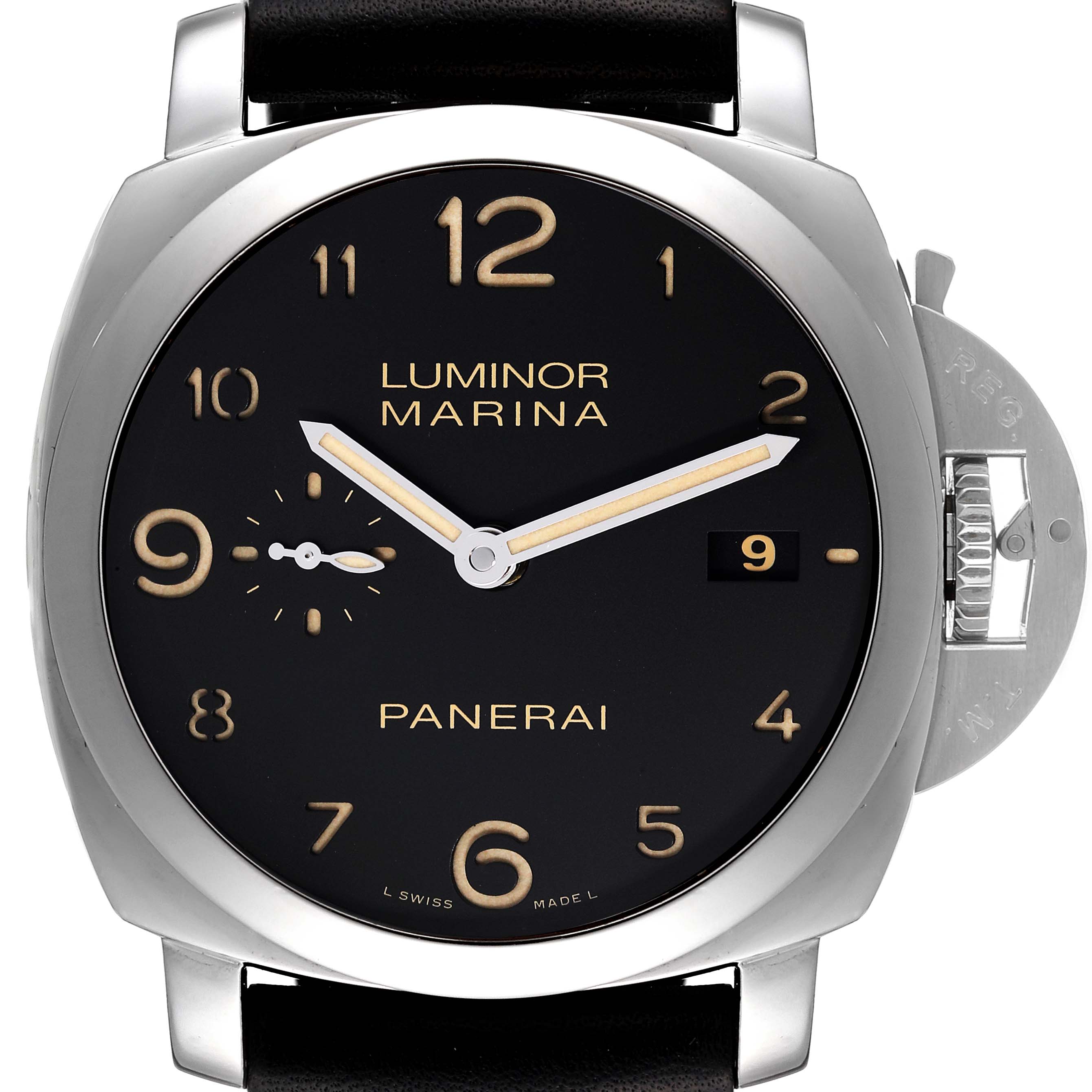 This image shows a front view of the Panerai Luminor PAM00359 Men
s Stainless Steel Black Dial PAM00359 Men
s Stainless Steel Black Dial Marina watch, displaying the dial, crown guard, and part of the strap.