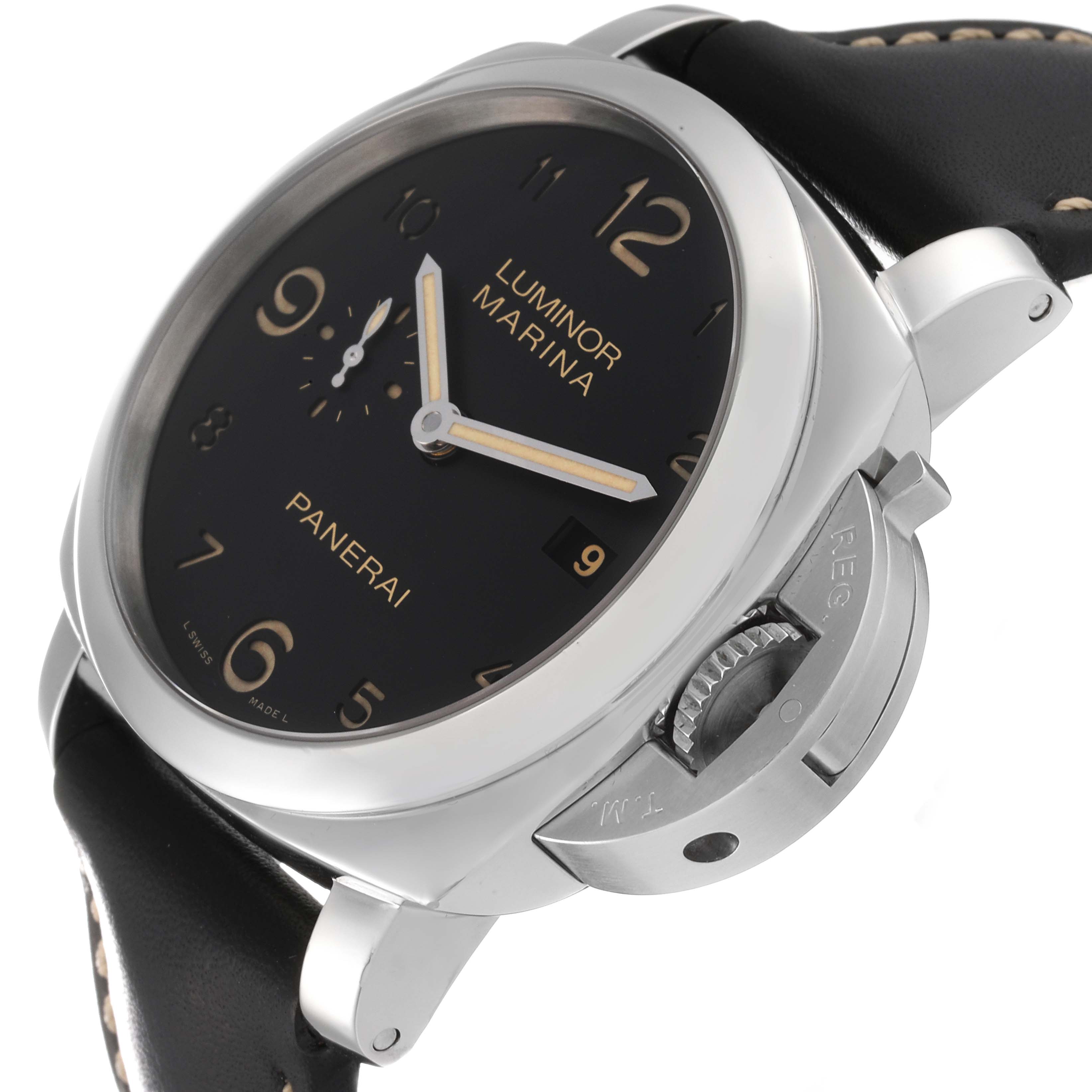 This angled view of the Panerai Luminor PAM00359 Men
s Stainless Steel Black Dial PAM00359 Men
s Stainless Steel Black Dial watch shows the dial, case, crown guard, and part of the strap.