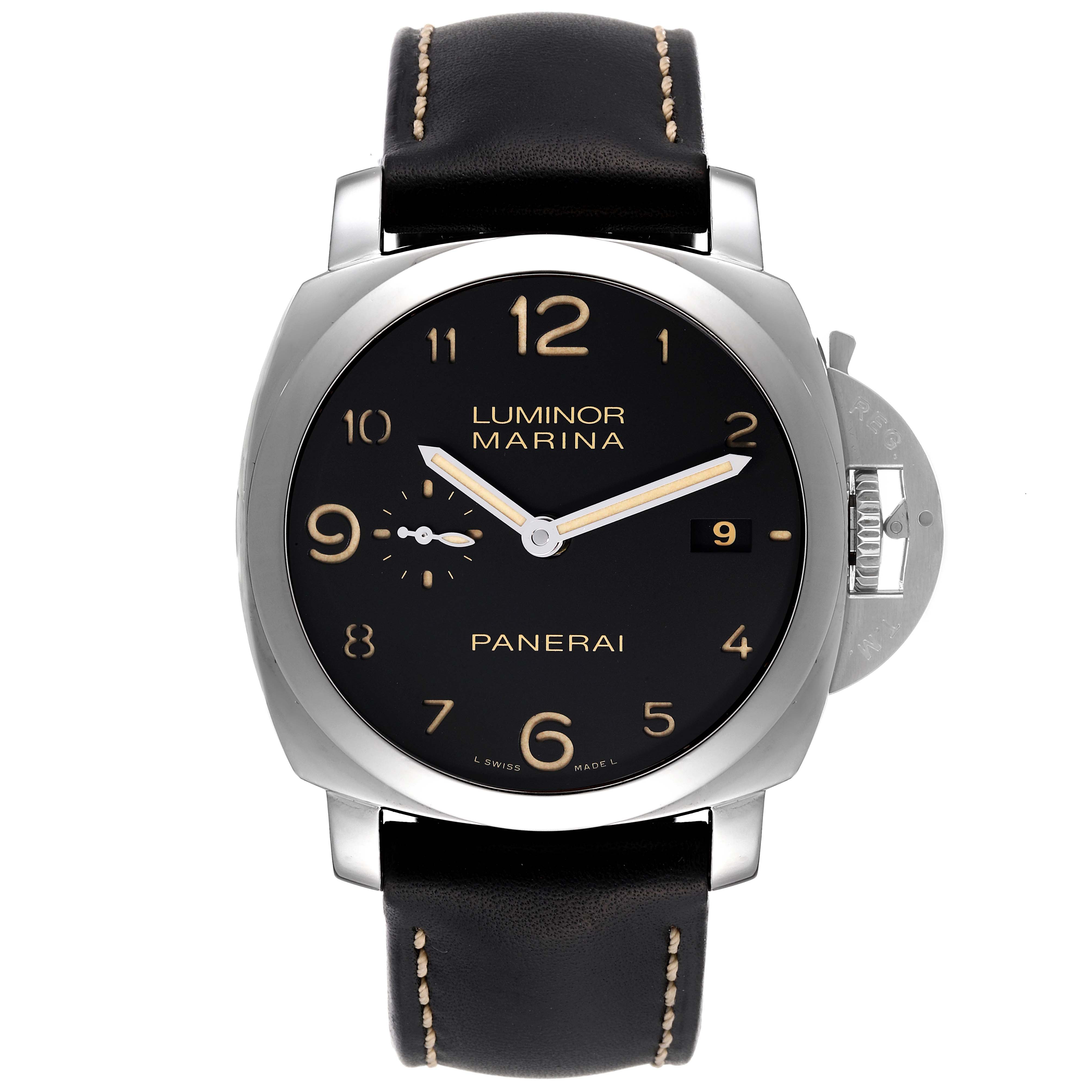 The image shows a front view of a Panerai Luminor PAM00359 Men
s Stainless Steel Black Dial PAM00359 Men
s Stainless Steel Black Dial model, highlighting the dial, case, strap, and crown guard.