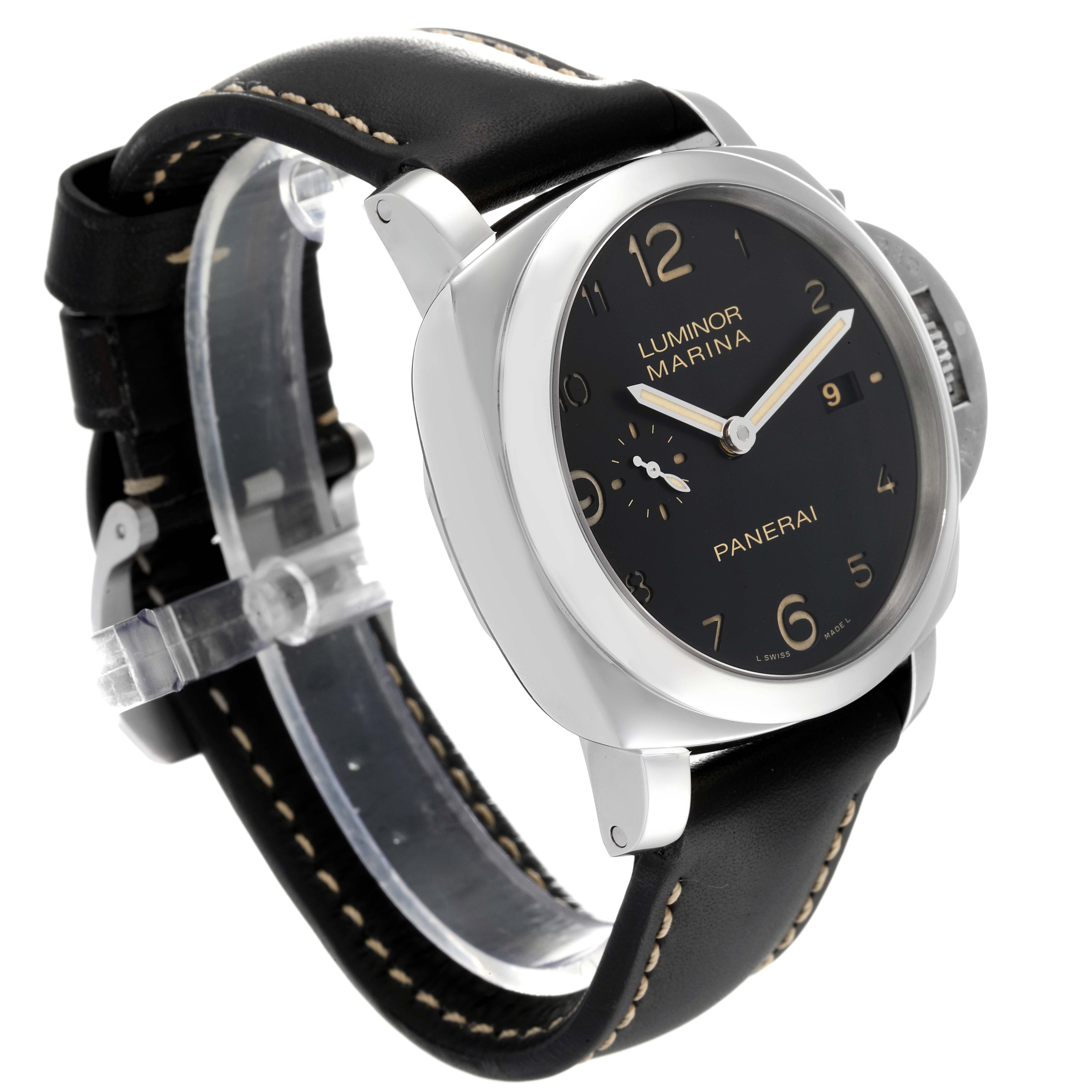 The image shows a Panerai Luminor PAM00359 Men
s Stainless Steel Black Dial PAM00359 Men
s Stainless Steel Black Dial watch at a three-quarter view angle, highlighting the dial, case, and black leather strap.