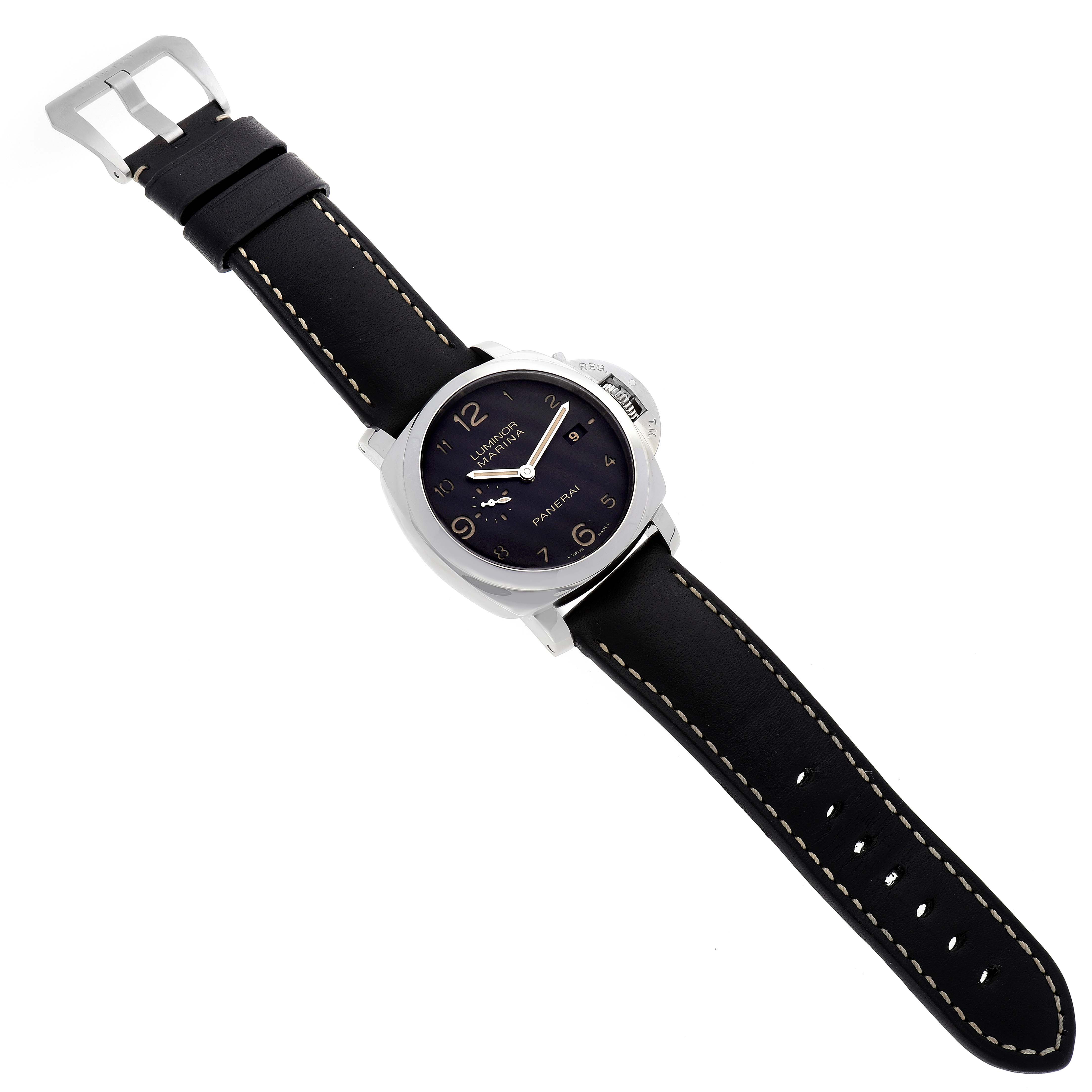 The image shows a Panerai Luminor PAM00359 Men
s Stainless Steel Black Dial PAM00359 Men
s Stainless Steel Black Dial watch at a slight angle, displaying its face, case, crown guard, and black leather strap.