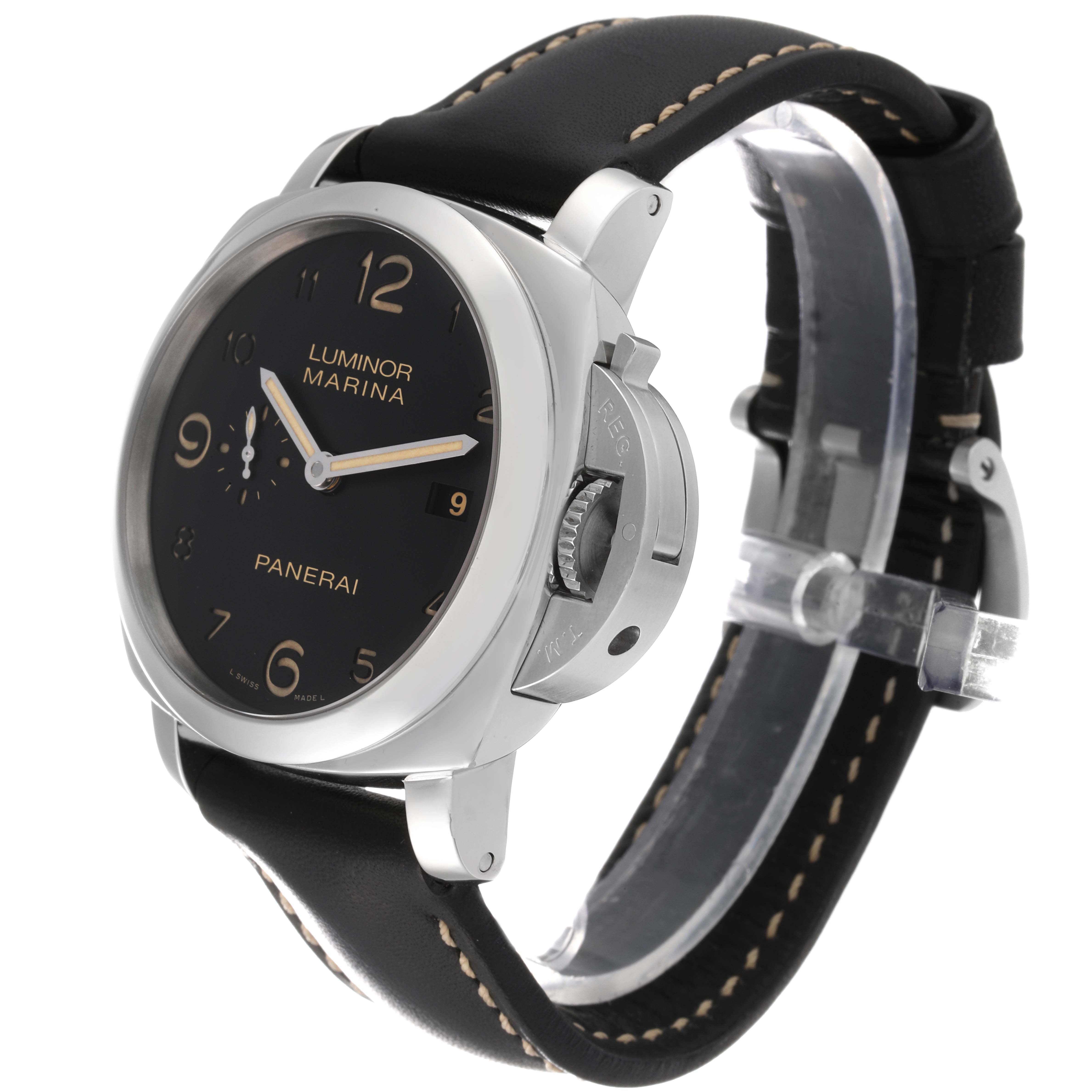 The image shows a Panerai Luminor PAM00359 Men
s Stainless Steel Black Dial PAM00359 Men
s Stainless Steel Black Dial watch in a three-quarter view, highlighting the round dial, crown guard, and black leather strap.