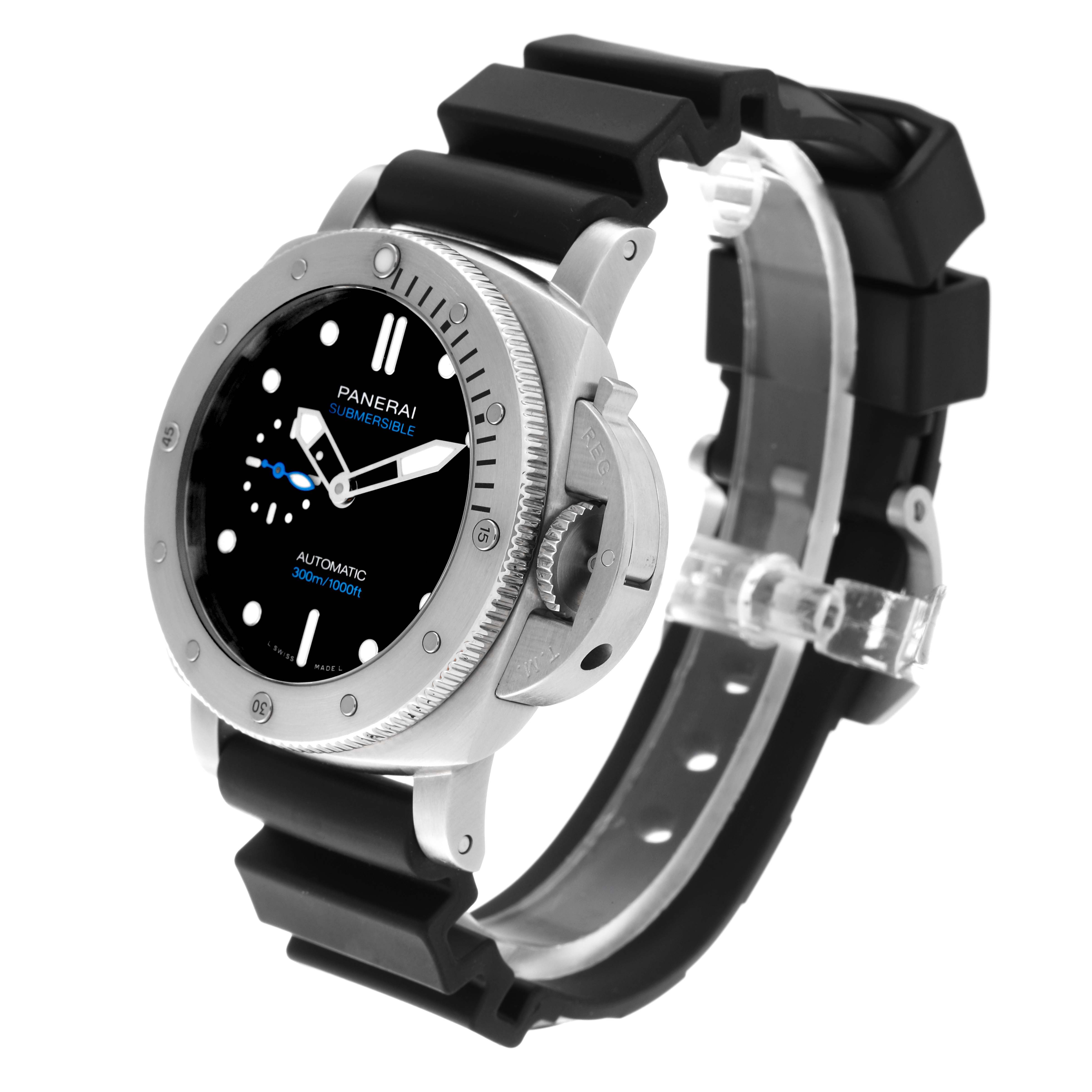 The Panerai Submersible PAM00973 Men's Stainless Steel Black Dial PAM00973 Men's Stainless Steel Black Dial watch is shown at a three-quarter angle, highlighting the bezel, crown guard, and black rubber strap.