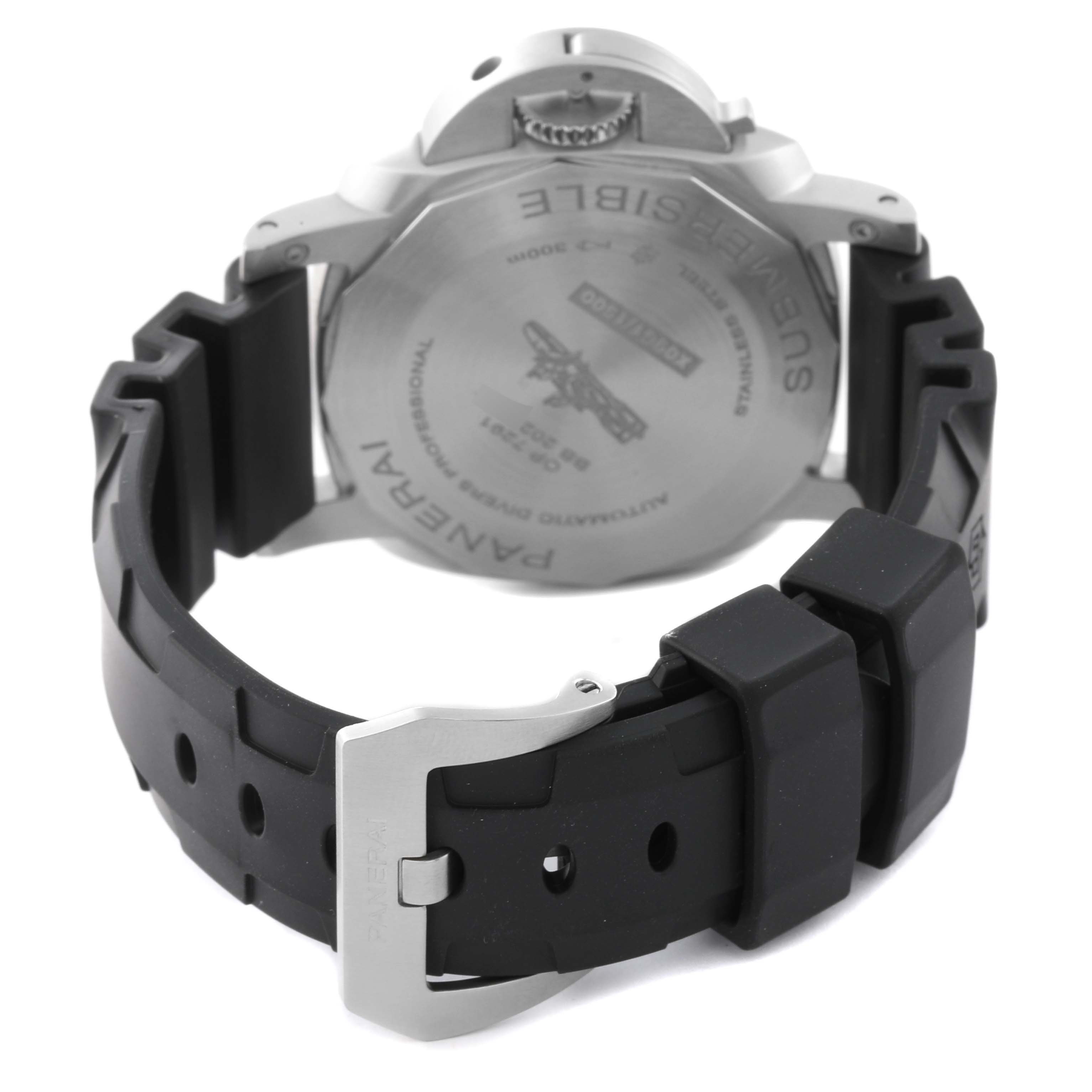 This image shows the back view of the Panerai Submersible PAM00973 Men's Stainless Steel Black Dial PAM00973 Men's Stainless Steel Black Dial watch, highlighting its case back and black rubber strap.