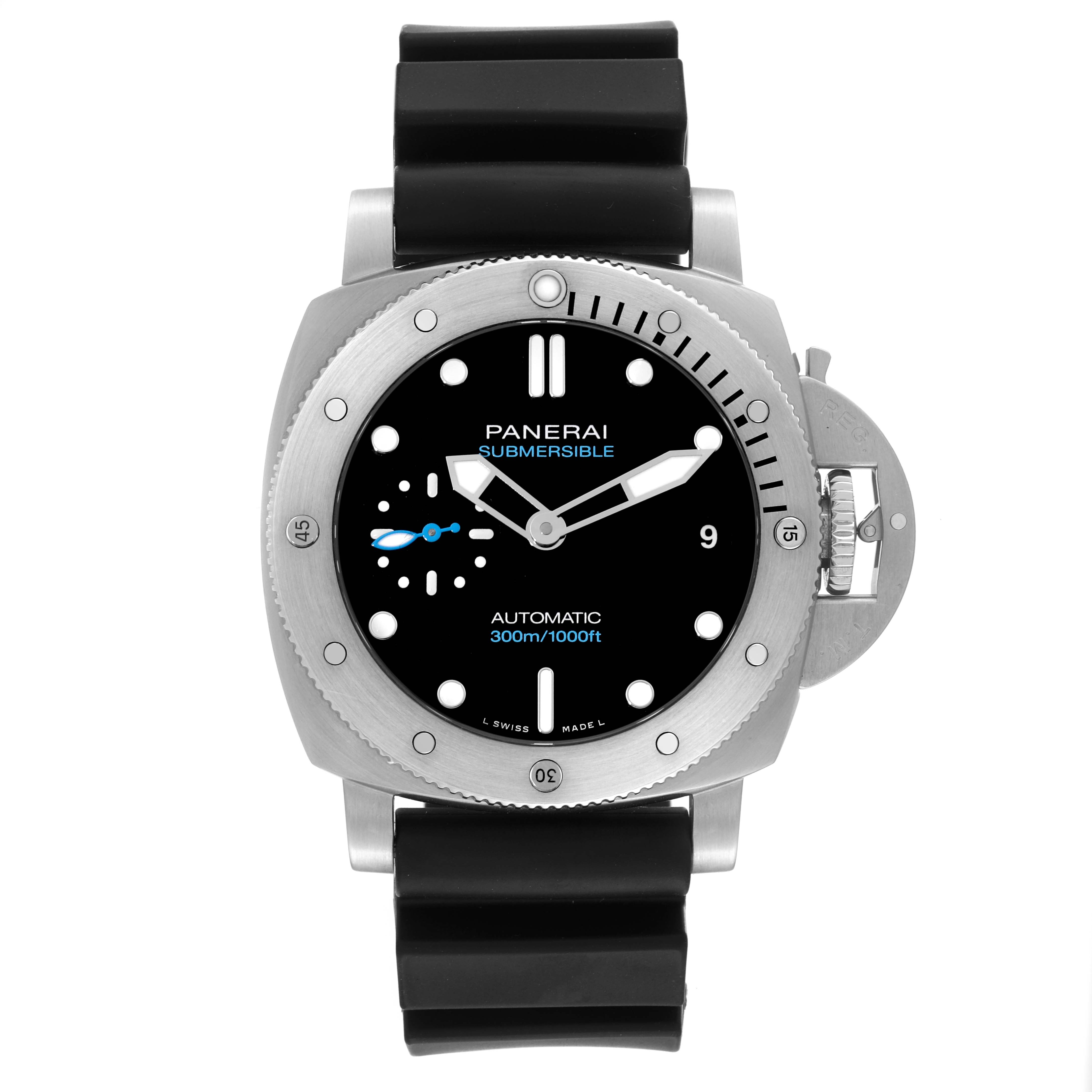 This is a front view of the Panerai Submersible PAM00973 Men's Stainless Steel Black Dial PAM00973 Men's Stainless Steel Black Dial watch, displaying the dial, bezel, and rubber strap.