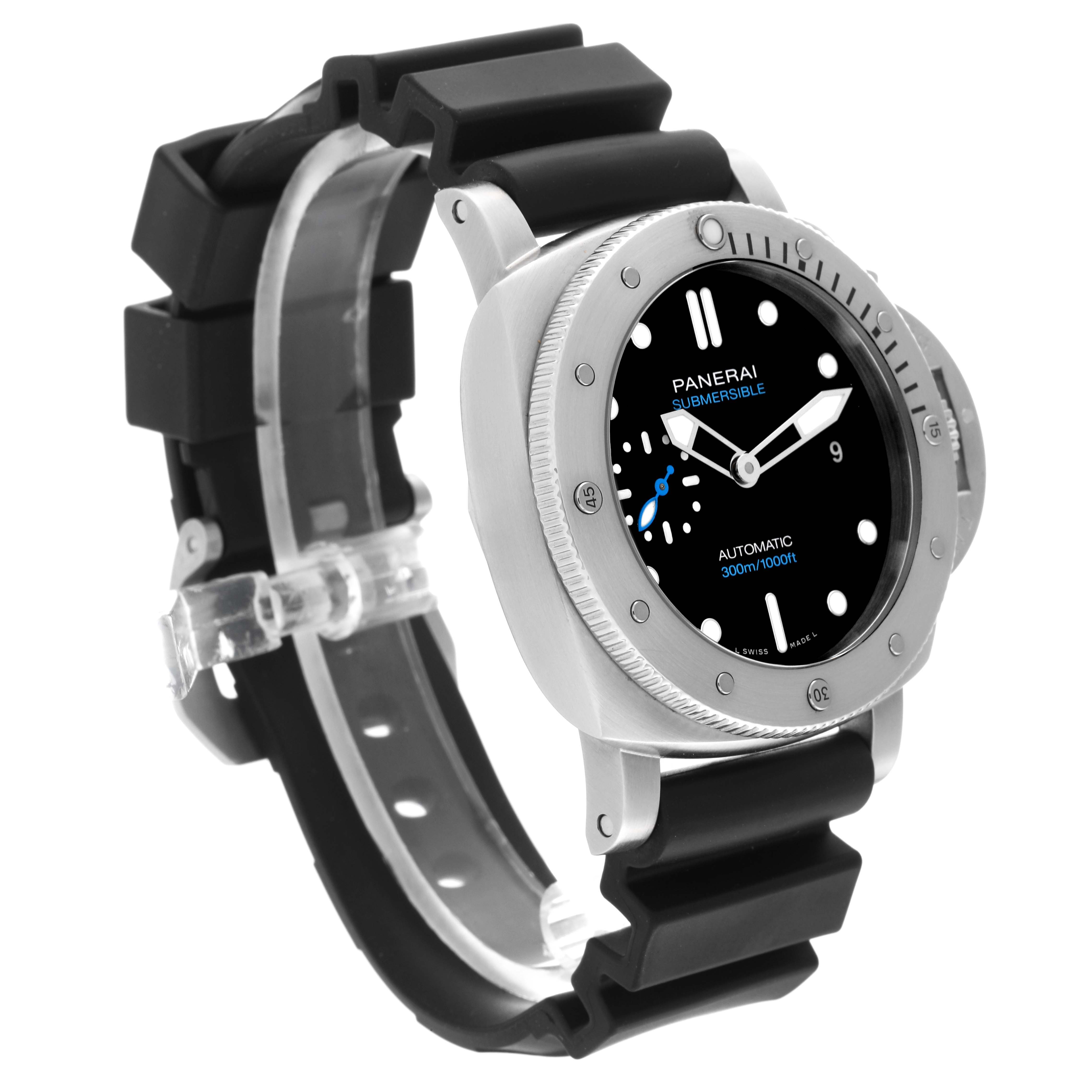 The image shows a Panerai Submersible PAM00973 Men's Stainless Steel Black Dial PAM00973 Men's Stainless Steel Black Dial watch from a three-quarter angle, highlighting its bezel, dial, and black strap.