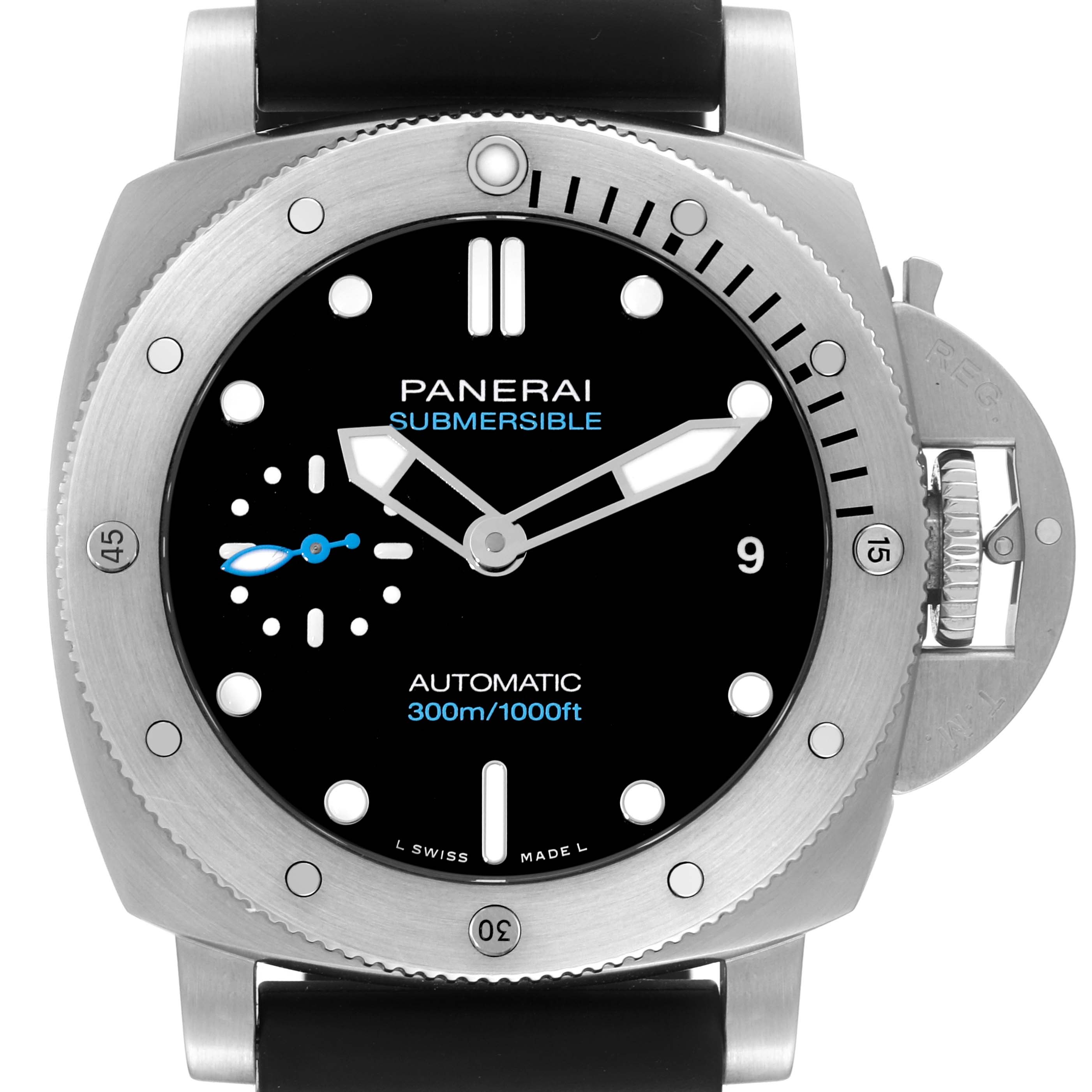 The image shows a front view of a Panerai Submersible PAM00973 Men's Stainless Steel Black Dial PAM00973 Men's Stainless Steel Black Dial model watch, highlighting the face, bezel, crown guard, and strap.