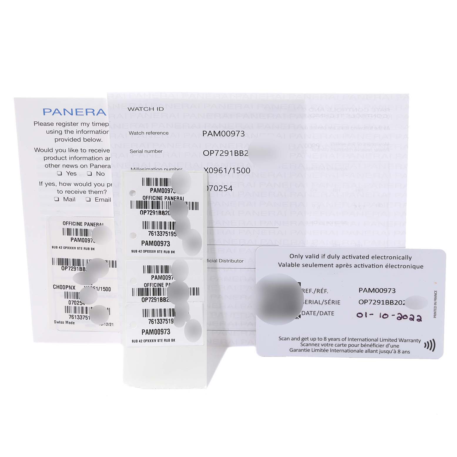 The image shows documents and tags for a Panerai Submersible PAM00973 Men's Stainless Steel Black Dial PAM00973 Men's Stainless Steel Black Dial model, including warranty cards and stickers.