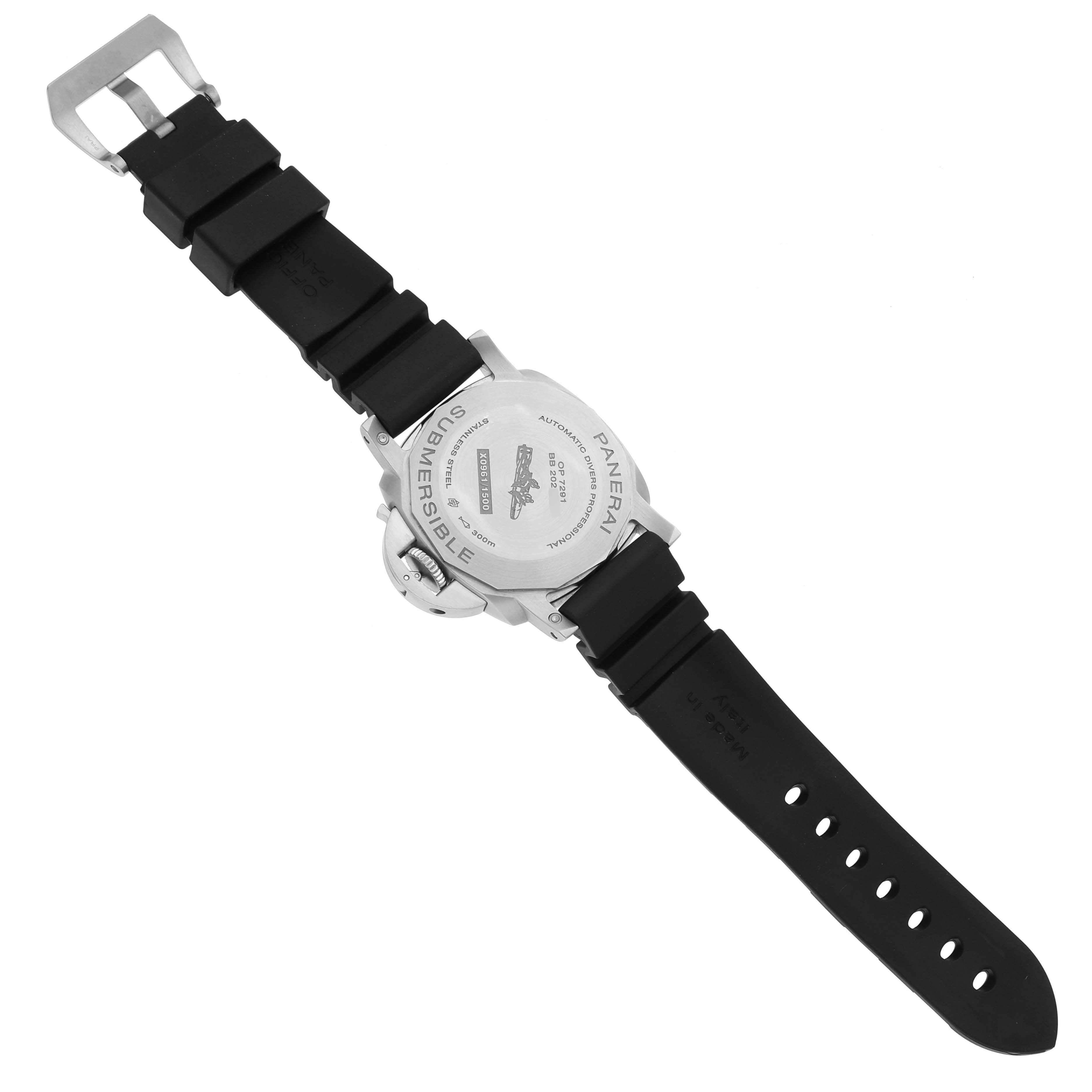 The image shows the back view of a Panerai Submersible PAM00973 Men's Stainless Steel Black Dial PAM00973 Men's Stainless Steel Black Dial watch with a black rubber strap and closed buckle clasp.