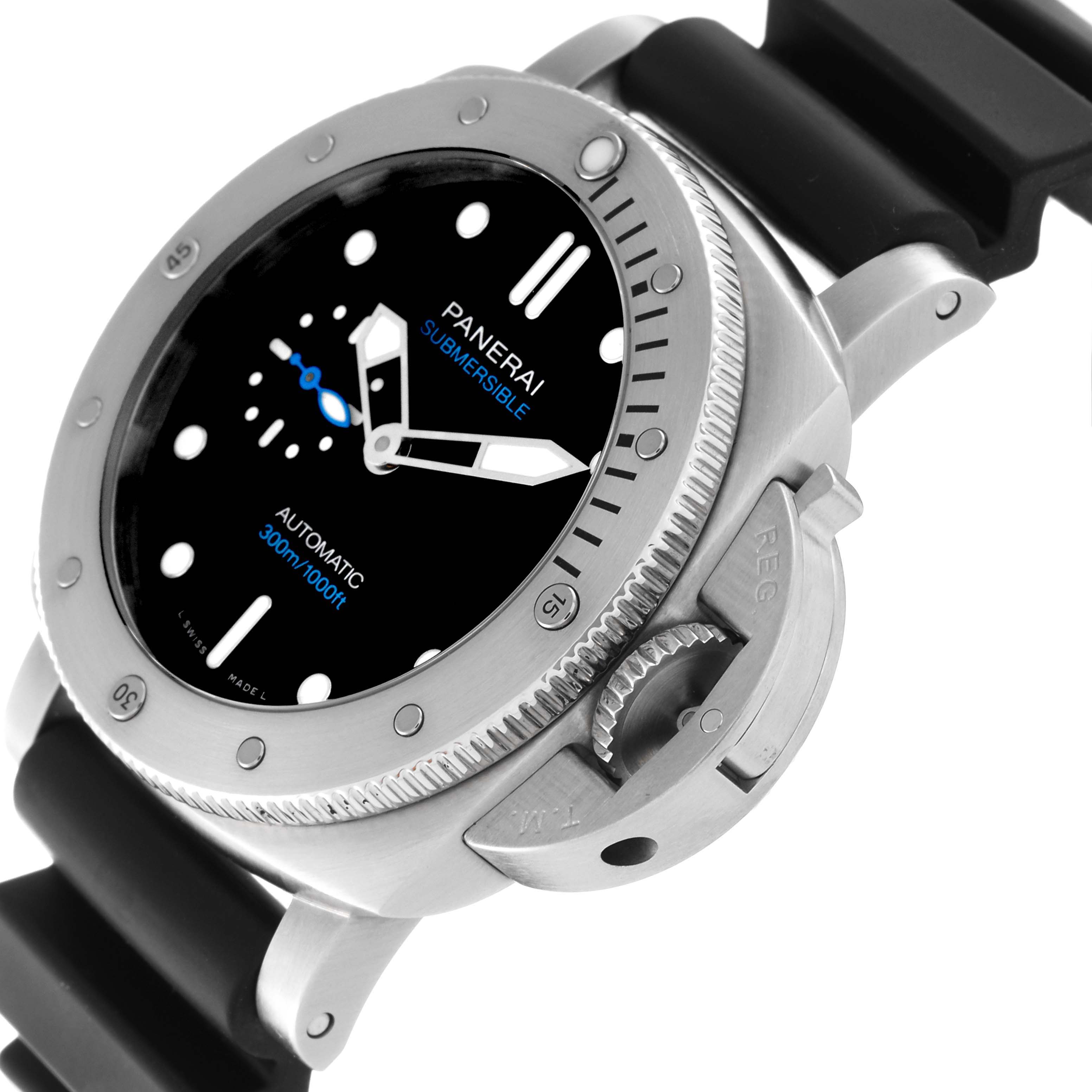 The image shows a close-up angled view of the Panerai Submersible PAM00973 Men's Stainless Steel Black Dial PAM00973 Men's Stainless Steel Black Dial watch, highlighting the bezel, dial, and crown guard.