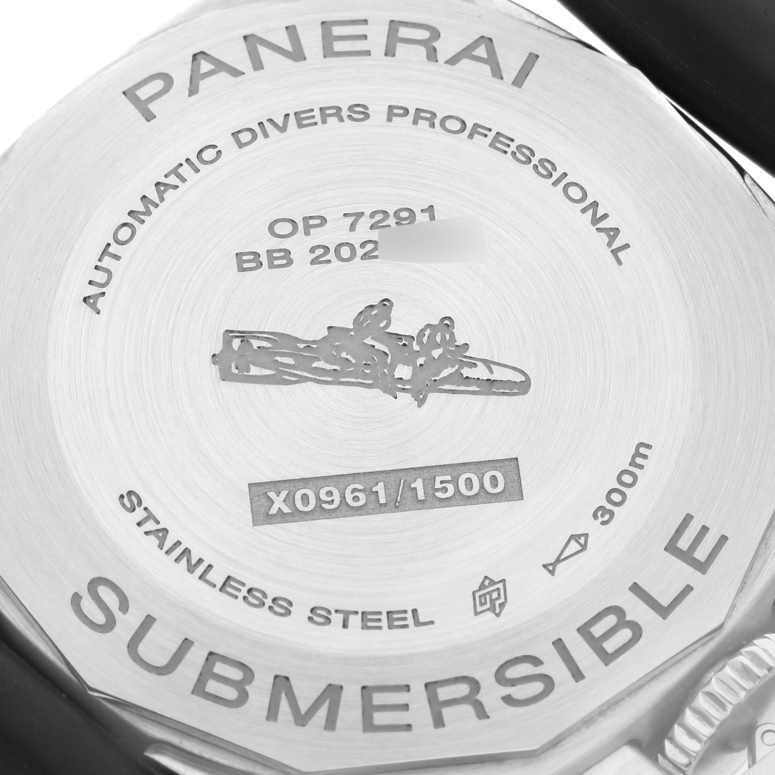 The image shows the case back of a Panerai Submersible PAM00973 Men's Stainless Steel Black Dial PAM00973 Men's Stainless Steel Black Dial watch, highlighting its engraved details and markings.