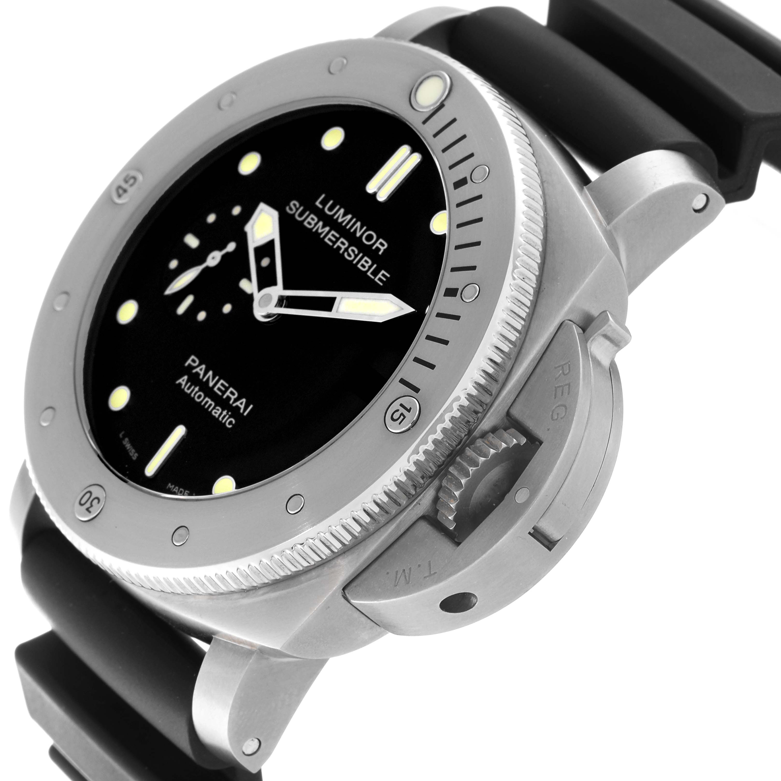 This image shows a close-up angle of the Panerai Submersible PAM00305 Men's Titanium Black Dial PAM00305 Men's Titanium Black Dial watch, highlighting the face, bezel, crown, and part of the strap.